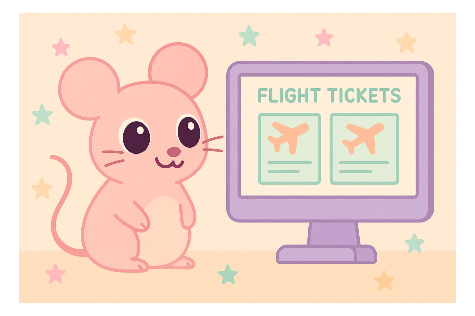 a cute style rat looking at flight tickets on a computer sticker