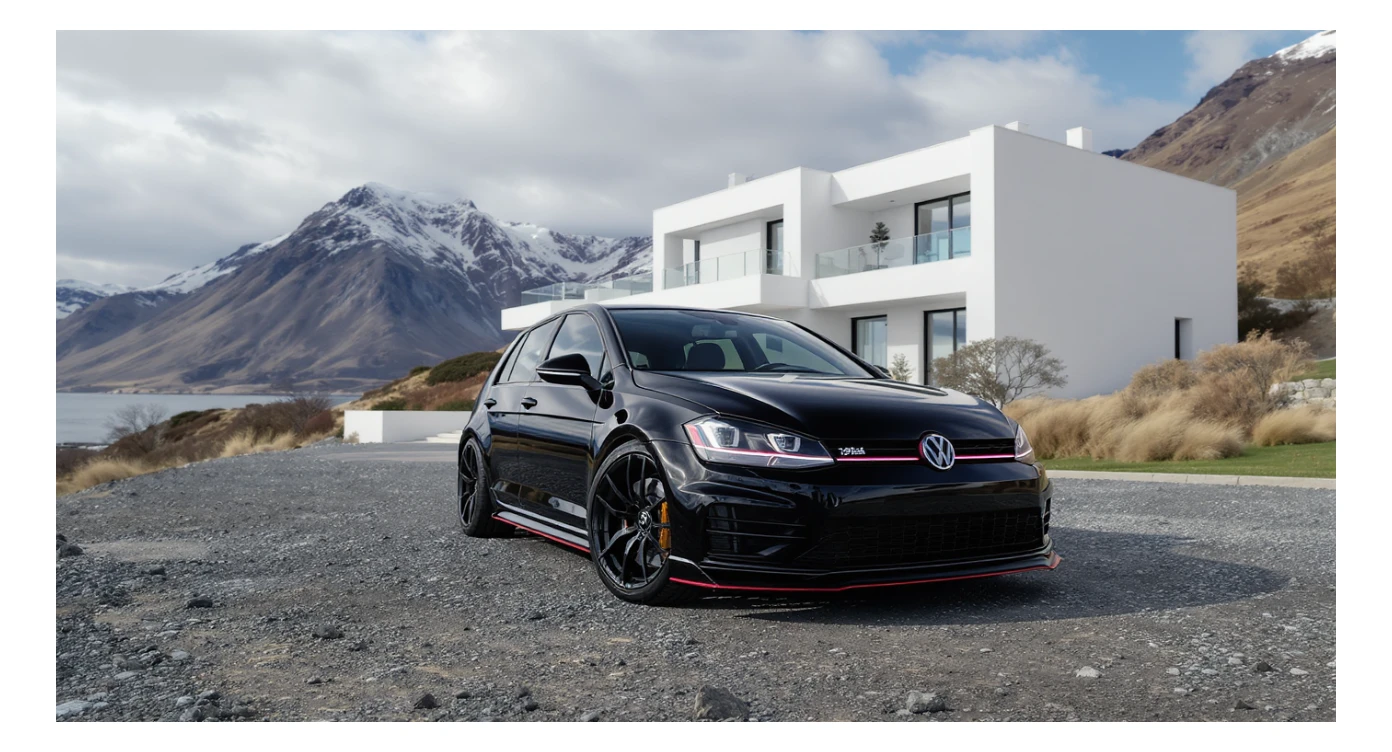 black Golf 4 with bodykit, in background is modern huge two flors white villa, in distance are iceland mountains, rule of thirds, shot on gopro hero, noise camera sticker