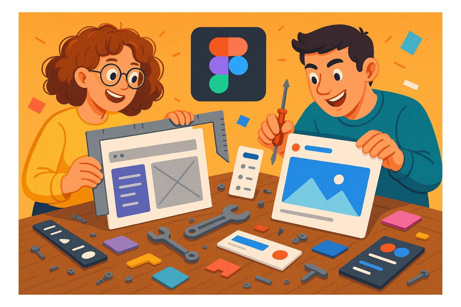 A creative workshop scene with two designers: one with curly hair, one with short dark hair. They are playfully focused, surrounded by scattered UI parts, Figma interface pieces, and repair tools, working together to turn legacy UI into a clean, beautiful design. sticker