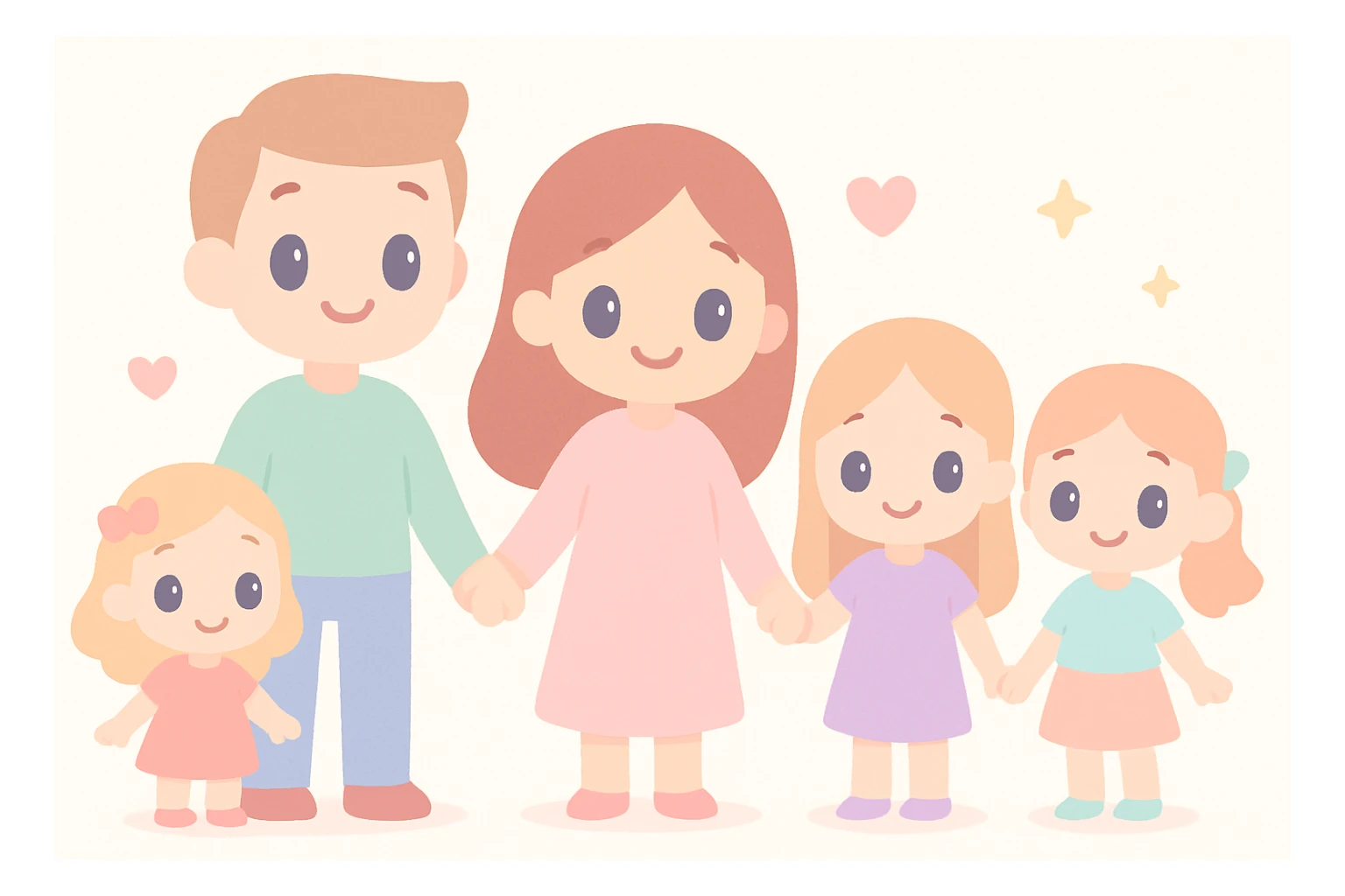 a warm illustration style family with dad, mom, and three daughters, all holding hands sticker
