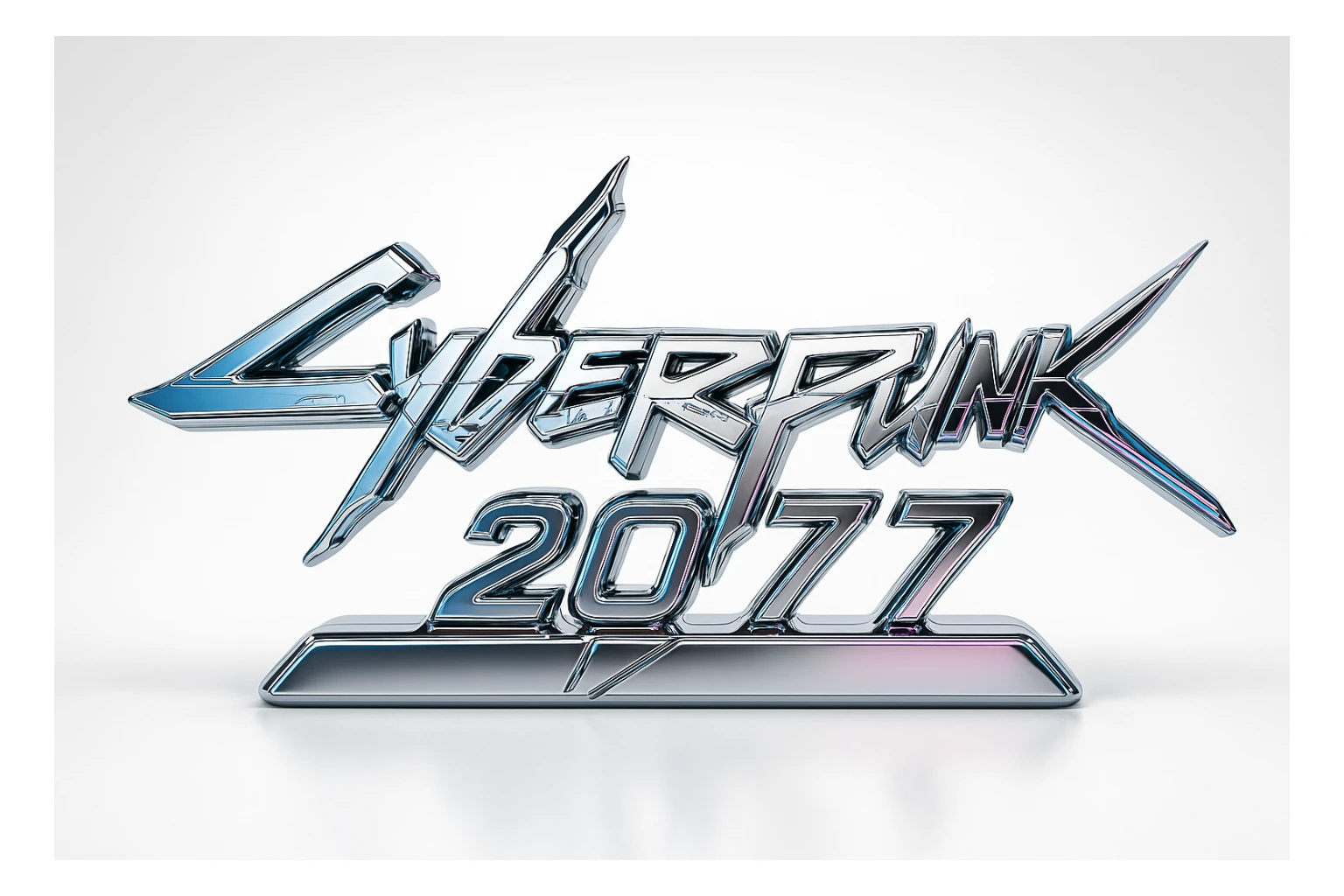 cyberpunk 2077 logo with metallic effect in neon blue and pink, chrome style sticker