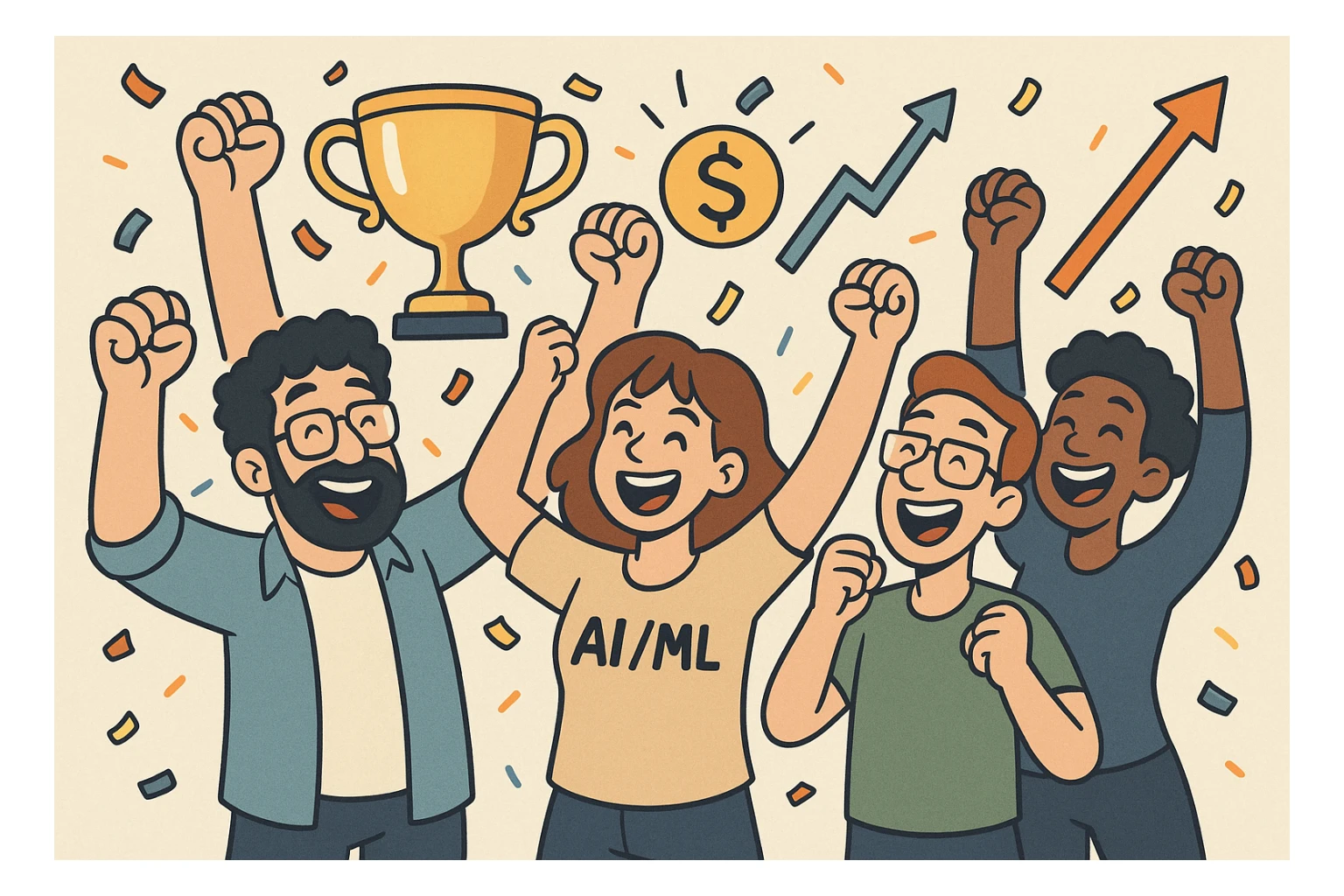 groupe de développeurs IA/ML heureux, levant les bras en signe de victoire, entourés de symboles de réussite comme trophée, confettis, graphiques en hausse, style cartoon dynamique sticker