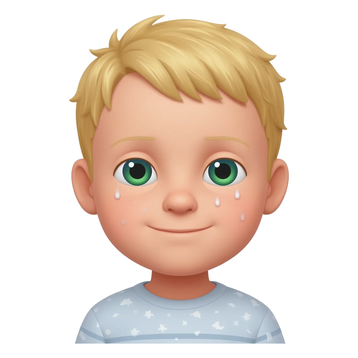 3 year old blonde boy with green-blueish eyes waking up from bed sticker