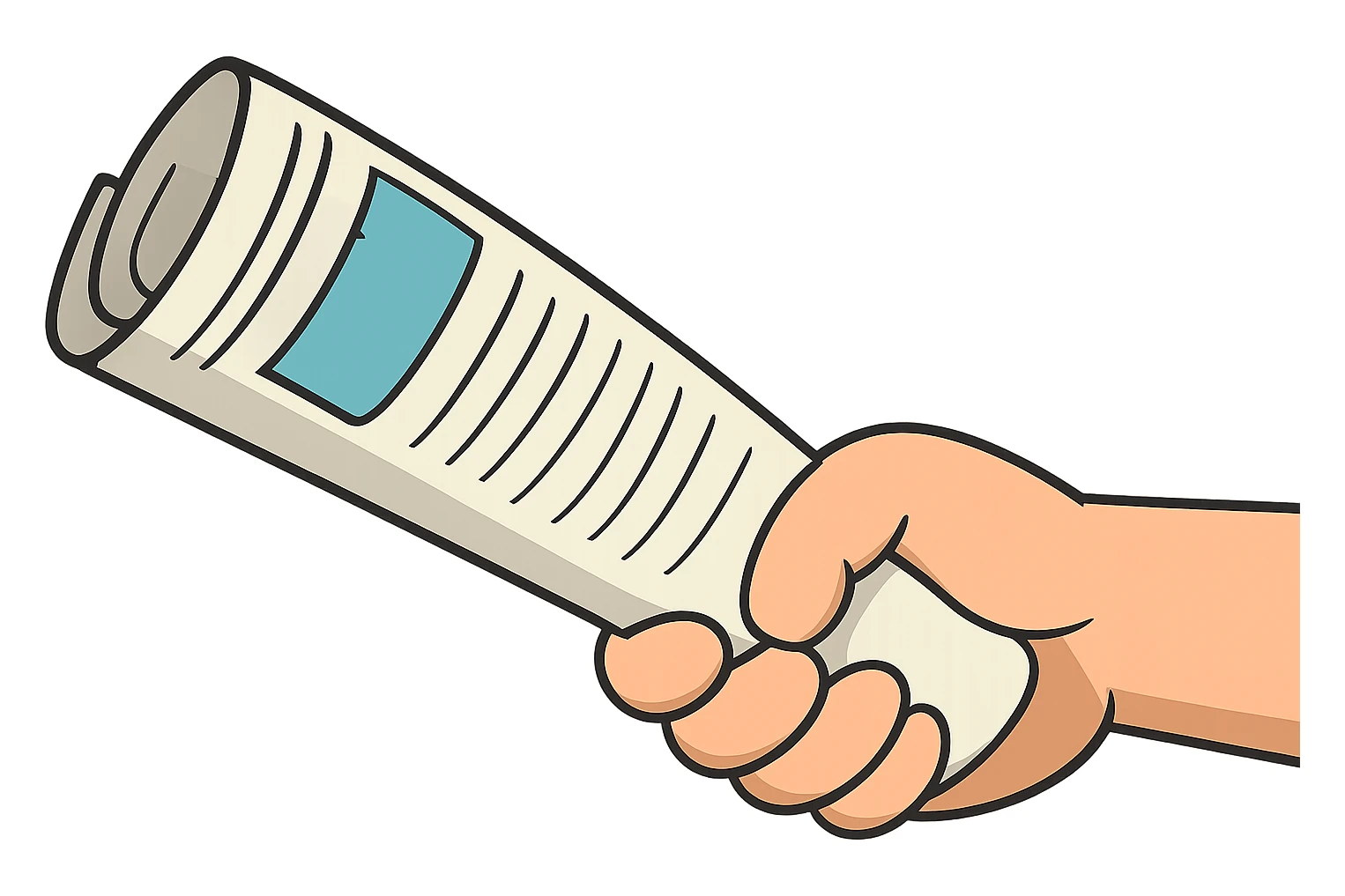 Create a cartoon style illustration of a hand holding a rolled up newspaper, matching the pose and perspective of the reference image. The background should be transparent. The image should show only the hand and the newspaper, with no person visible. The style should be consistent with flat toon style, emphasizing clear shapes and vibrant colors. sticker
