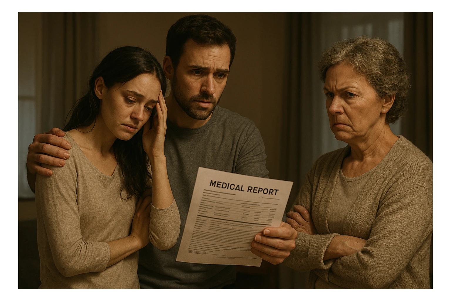 The wife, looking tired and vulnerable, stands beside her husband, while the mother-in-law looks skeptical and critical, the man holding out medical reports as evidence, emotional tension visible. sticker