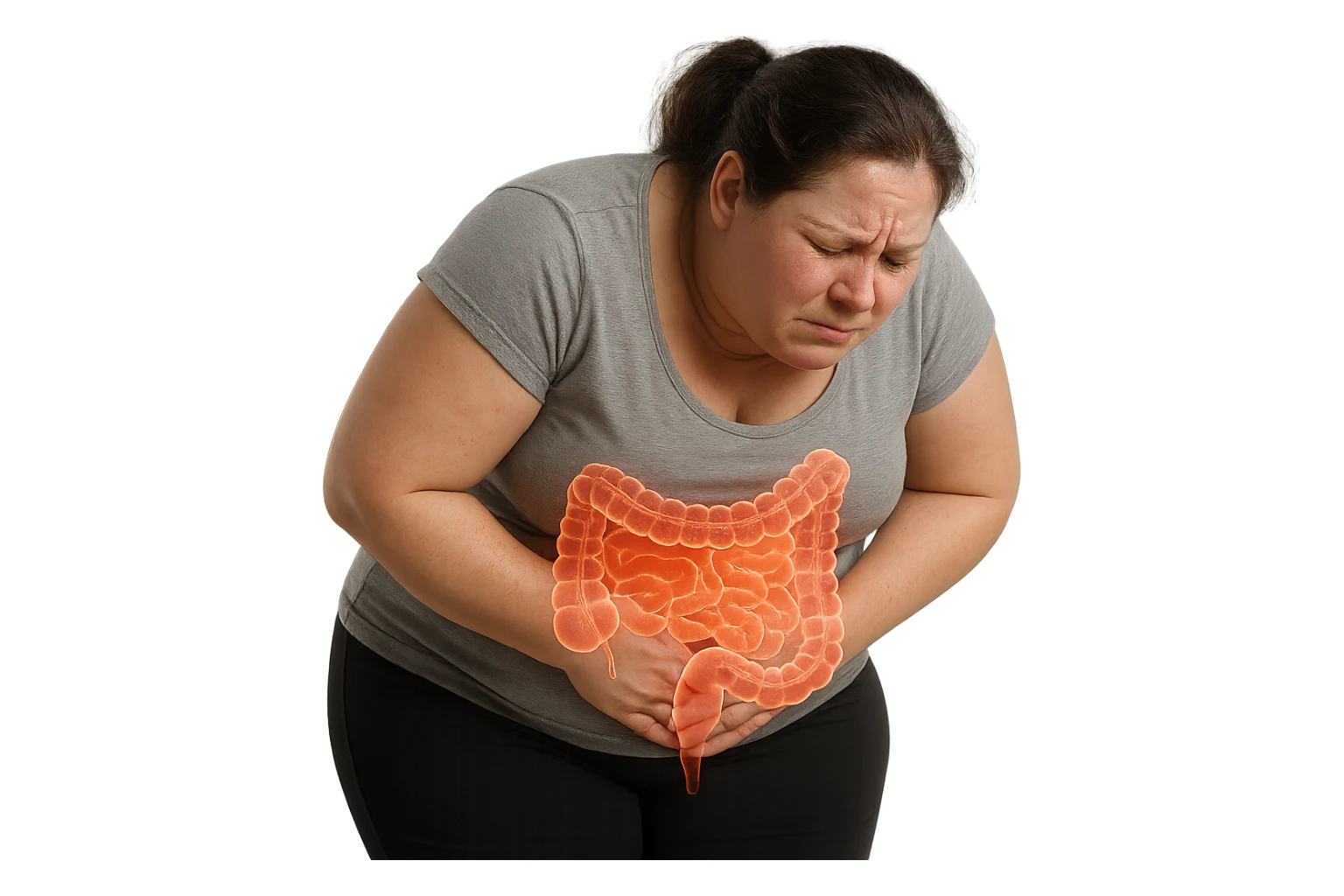 DONNA LEGGERMENTE SOVRAPPESO PIEGATA IN AVANTI FRONTALMENTE CON INTESTINO ANATOMICO IN EVIDENZA, MAL DI PANCIA iperrealistico 4k sticker