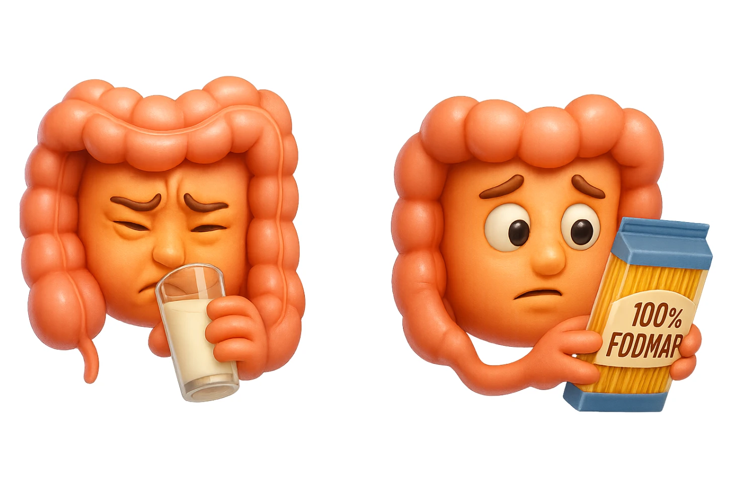 emoji stile iphone di un intestino che beve latte e ha un espressione di dolore e un intestino che guarda un pacco di pasta con la scritta "100% FODMAP" SULL'ETICHETTA CON ESPRESSIONE CONFUSA, iperrealistico 4k, isolato su sfondo bianco sticker