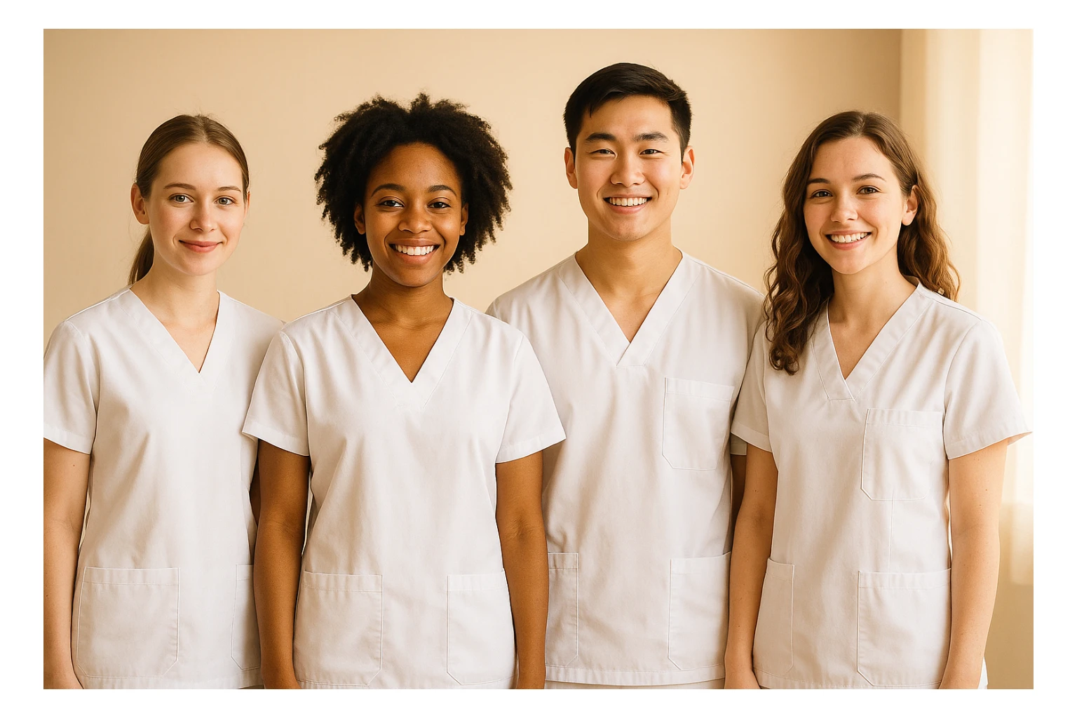 four nursing students standing side by side without touching, warm atmosphere, wearing short-sleeved white uniforms, no undershirts or stethoscopes sticker