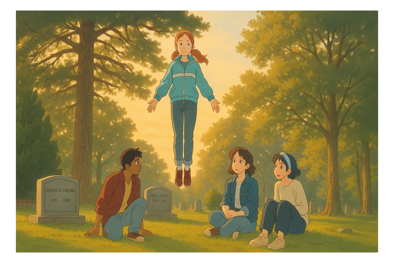 Max from Stranger Things levitating in the cemetery at sunset, warm golden light, friends watching with concern, Ghibli style, wide aspect ratio (16:9), soft and emotional scene. sticker