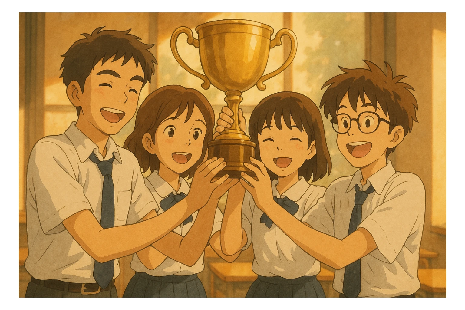four students lifting a trophy, warm atmosphere, ghibli style, soft lighting sticker