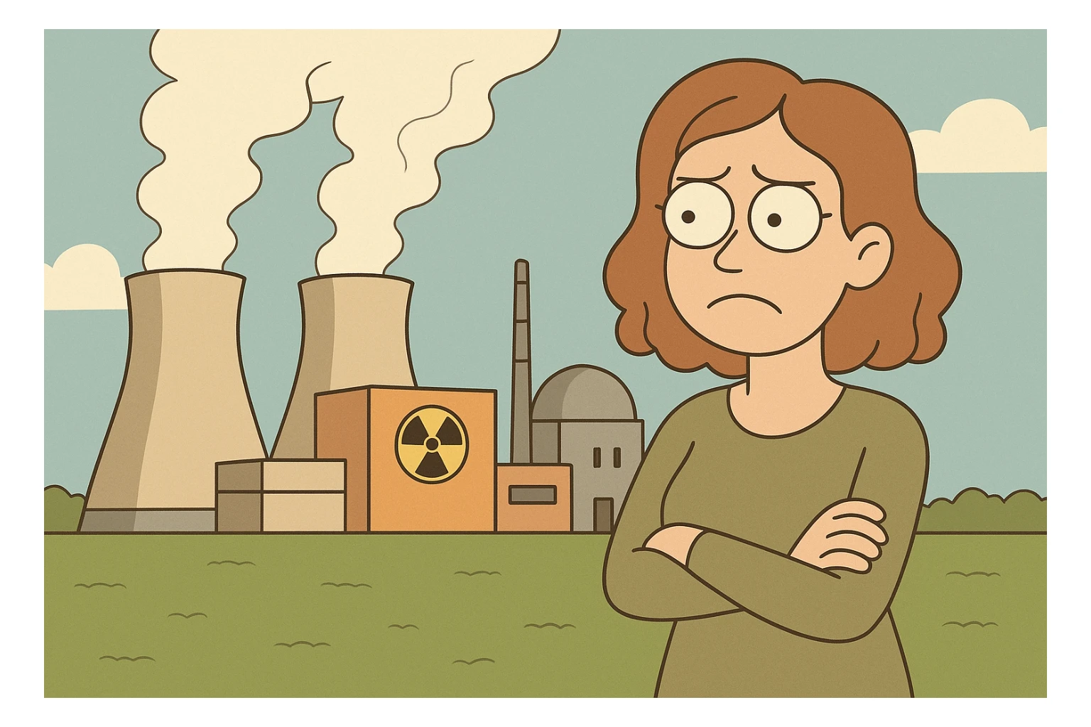 flat design of a nuclear power plant with two cooling towers, subtle steam, green field, environmental focus sticker