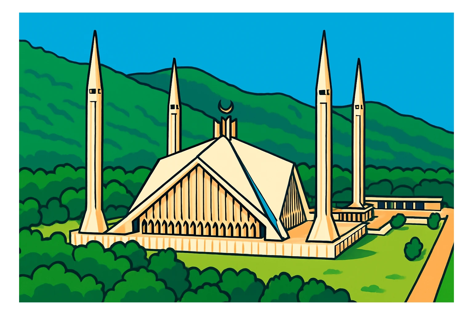 Create an illustration of Faisal Mosque in vibrant toon style with lush green surroundings and bright architectural details, inspired by the reference image. sticker