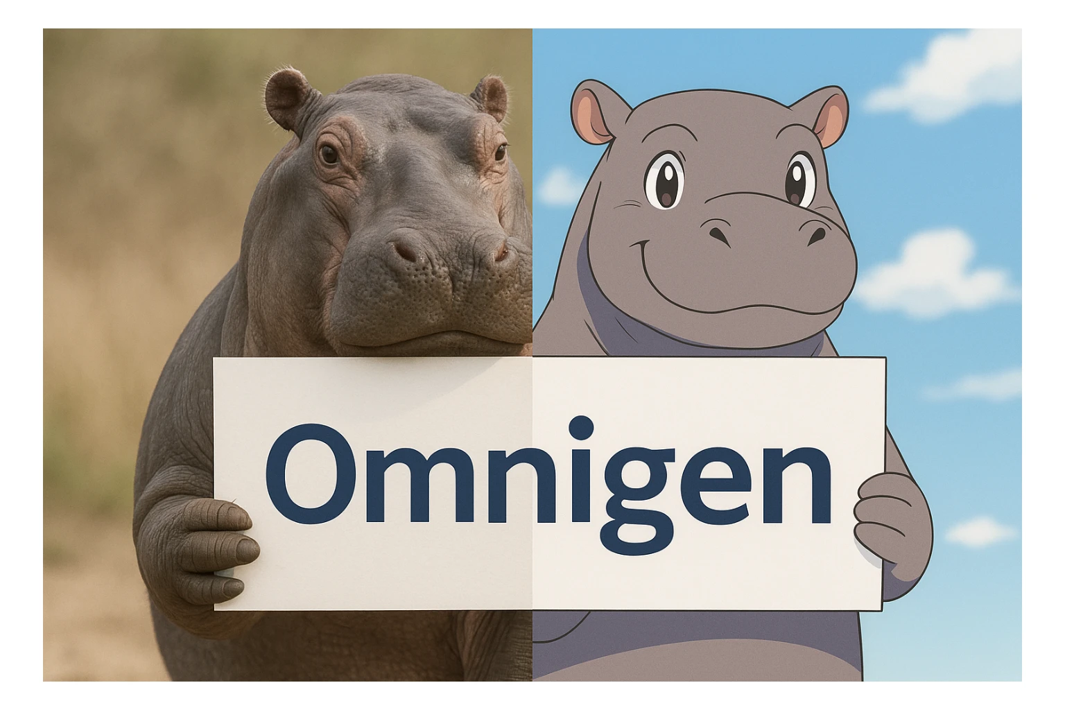 two hippo holding sign of omnigen, half picture 1 hippo is realistic another half is the anime of that same second hippo sticker