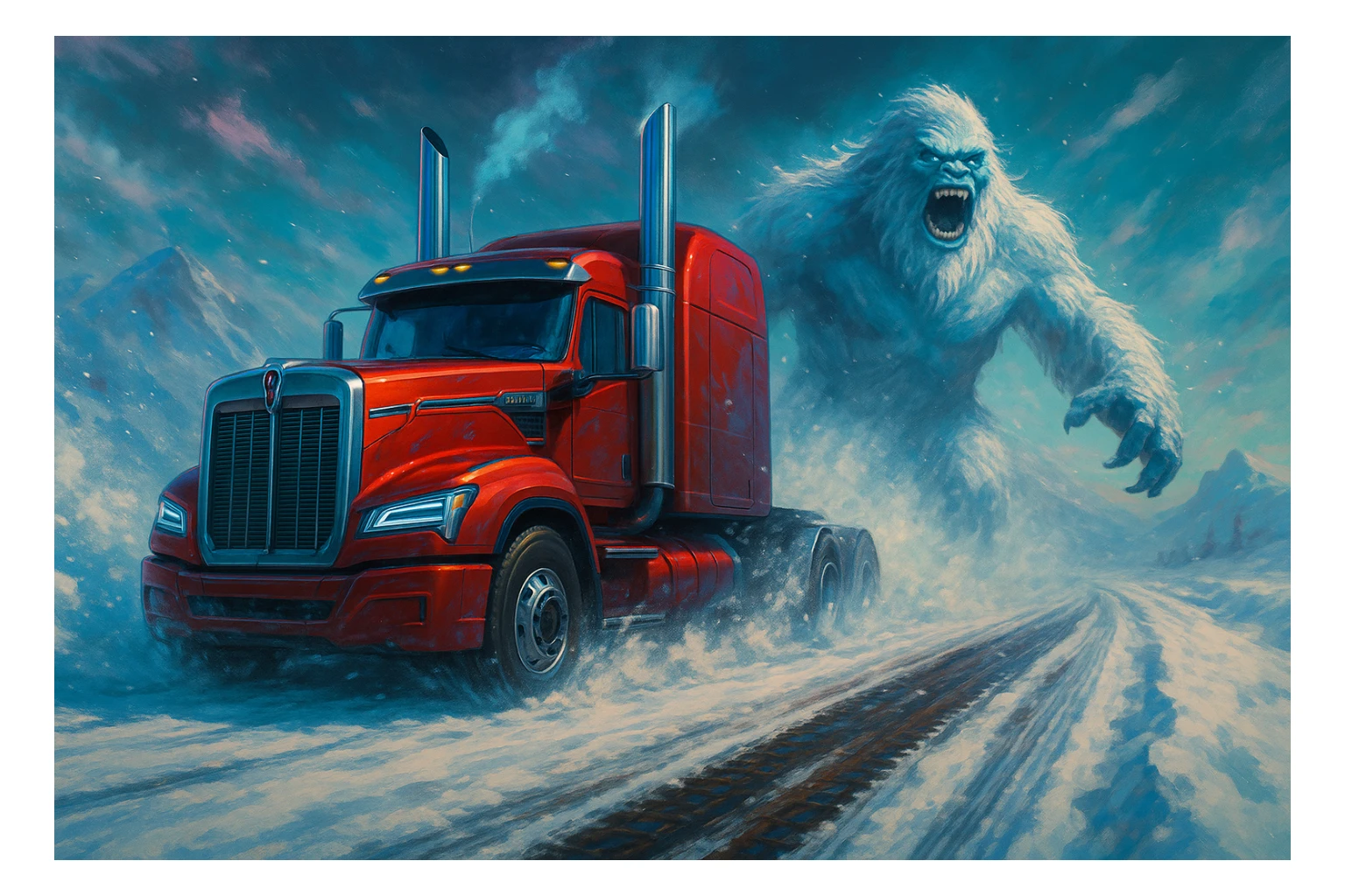 2026 Kenworth W680 flat top semi sleeper with stacks chasing an abominable snowman down the road, gpt image style sticker