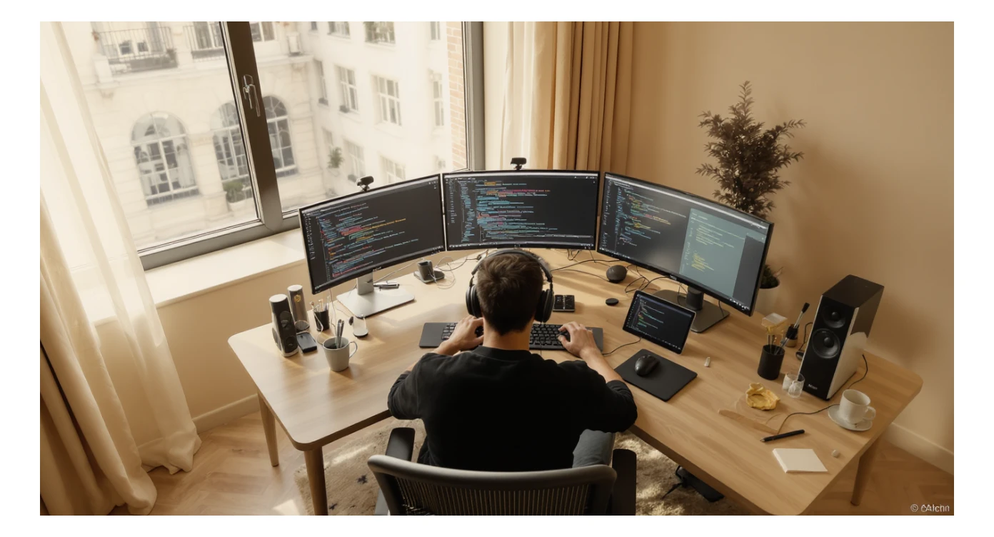 Cinematic shot of a programmer programming on tripple display setup PC, top dutch angle, Warm bright vibe, modern clean expensive minimalistic apartament, model is dress like designer, morning, big window, captured on arri alexa sticker