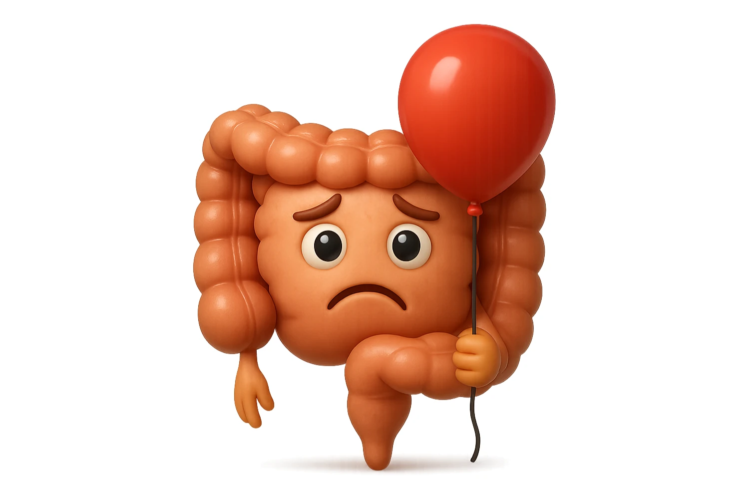 EMOJI STILE IPHONE DI un intestino triste con palloncino rosso sulla pancia, IPERREALISTICO 4K sticker