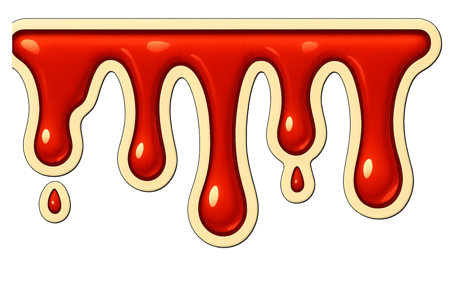 Reduce the blood drip lengths by 70% so they hang much less low, keeping the drips at different lengths. Make the image three times longer horizontally with the same vertical height. Maintain the retro sticker style with a transparent background. sticker