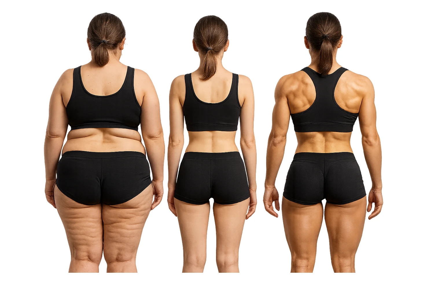 fai una donna di spalle in gym shorts leggermente sovrappeso e con cellulite e accanto una seconda donna di spalle magra (che è dimagrita post dieta) e accanto una terza donna in forma allenata e con le giuste proporzioni, l'immagine deve rappresentare il processo: da donna grassa, a donna piatta e magra, a donna allenata e in forma con i giusti muscoli, iperrealistico 4k sticker