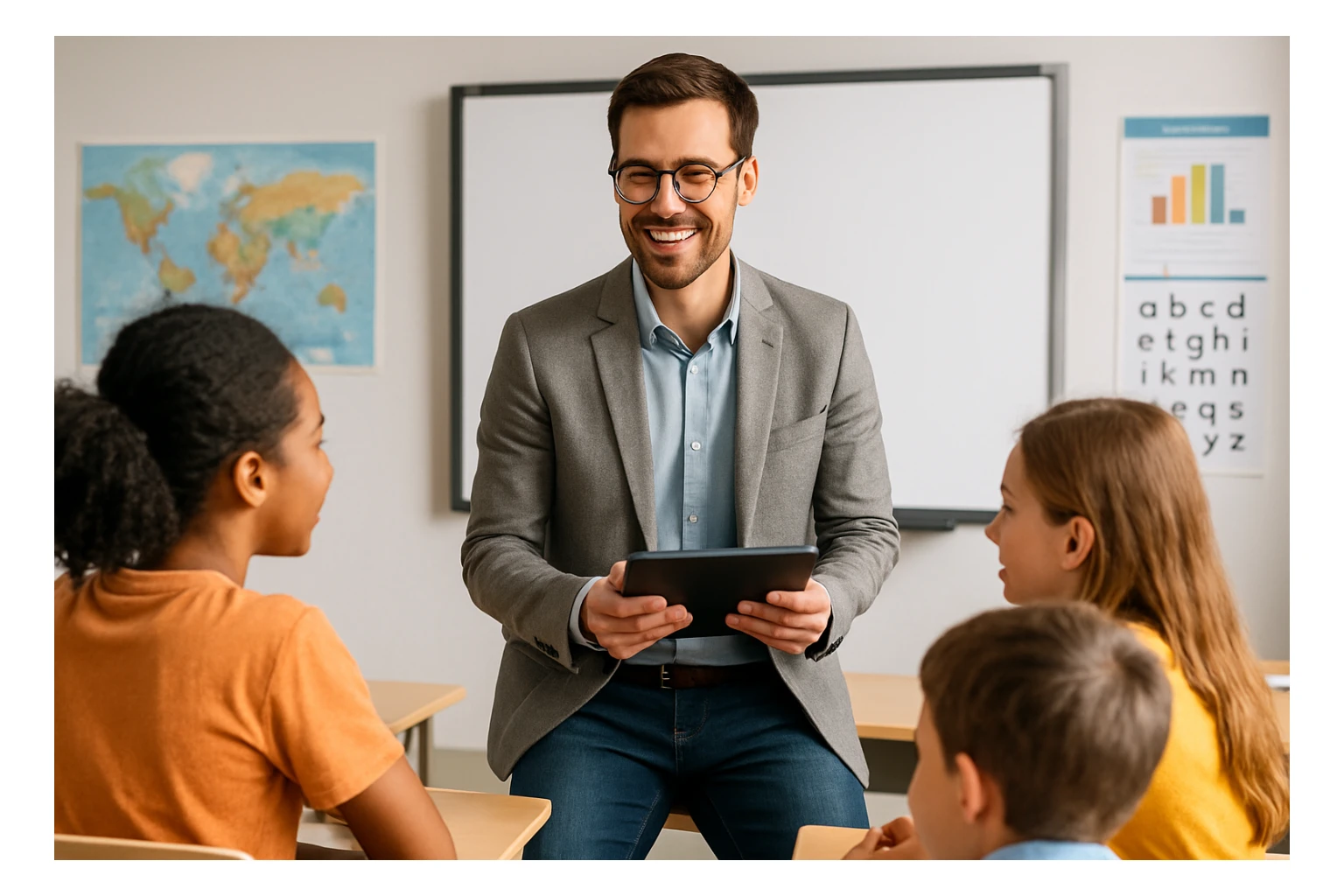 A modern teacher character, using a tablet, casual but smart attire, engaging with students. sticker