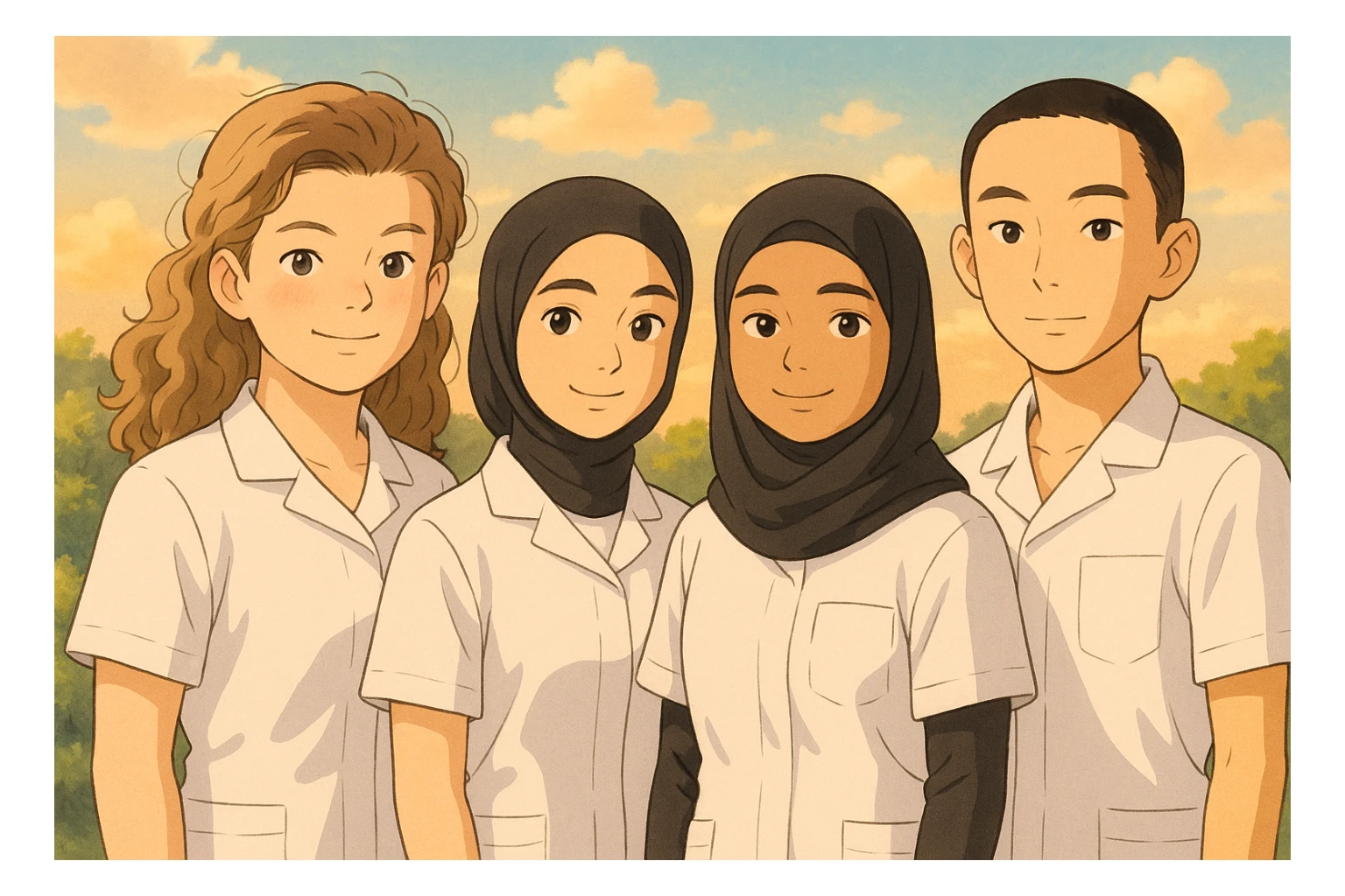 Illustrate four nursing students standing side by side in a warm atmosphere, wearing complete white short-sleeved uniforms with exposed arms, no stethoscopes, and not touching each other, in Ghibli style. sticker