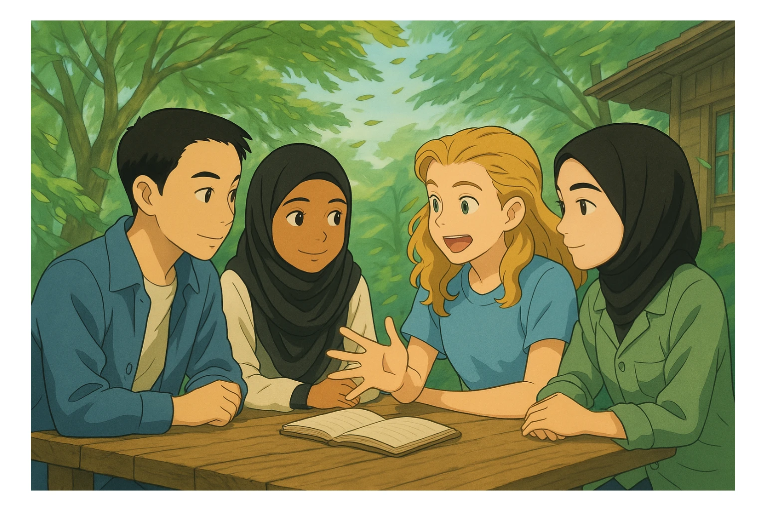 Le vent souffle dans les arbres à l'arrière-plan, les feuilles bougent, style ghibli, même composition que l'image de référence. sticker