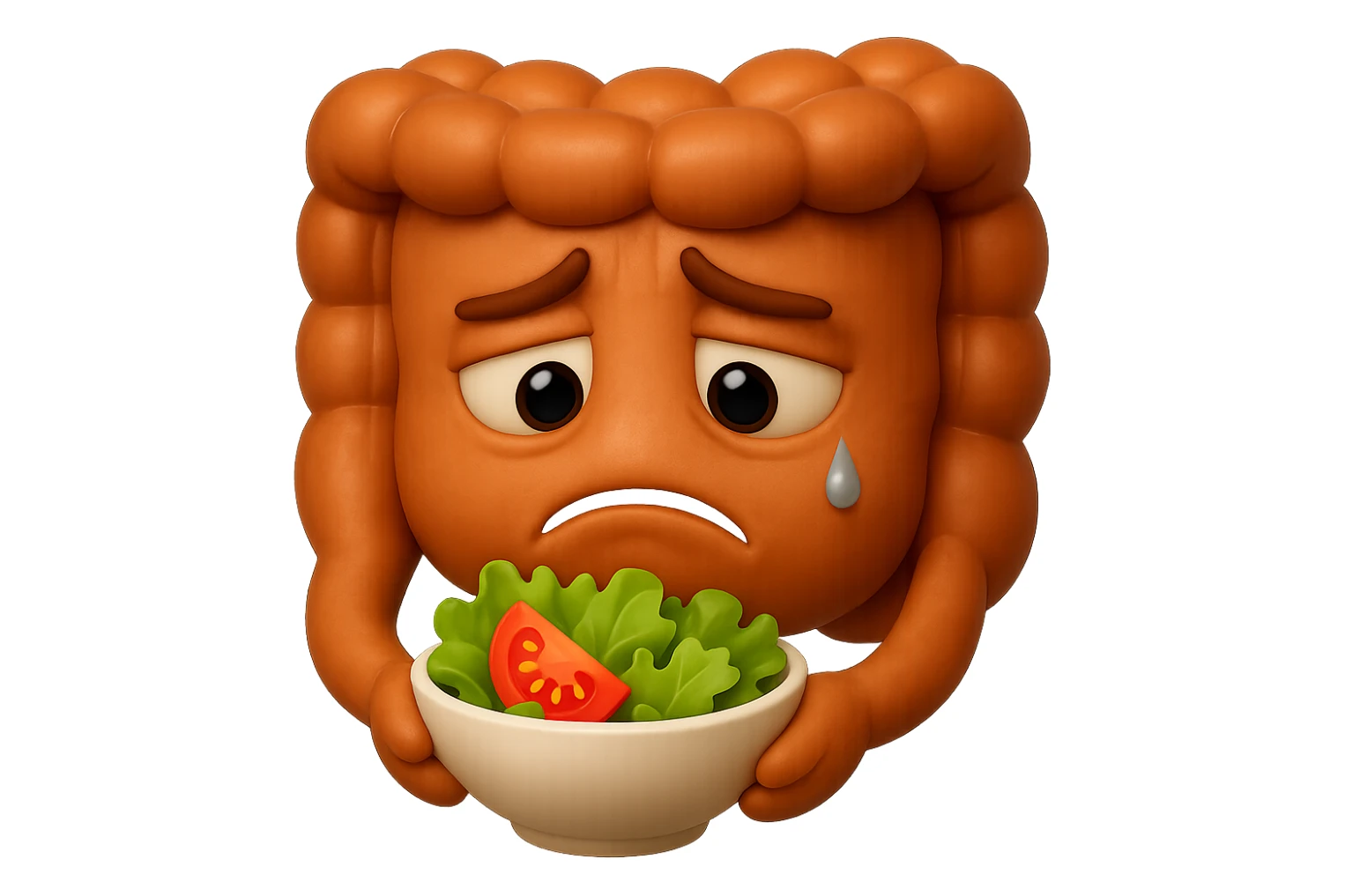 EMOJI STILE IPHONE DI UN INTESTINO UMANO ANATOMICO CHE GUARDA UN INSALATA CON ESPRESSIONE TRISTE E RASSEGNATA IN VOLTO: SOFFRE LA FAME PERCHé è A DIETA, FAGLI ANCHE LA PARTE BIANCA DEGLI OCCHI, NON SOLO LE PUPILLE, IPERREALISTICO 4K sticker