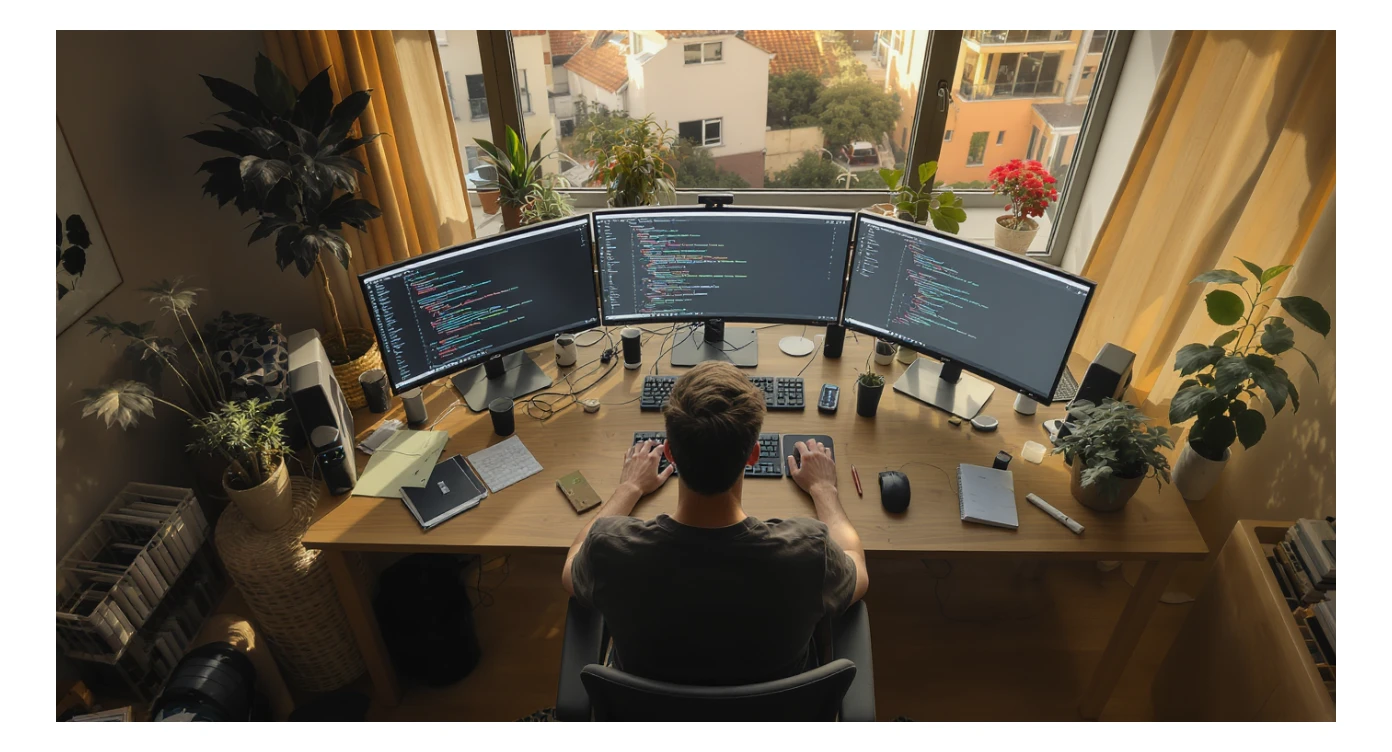 Cinematic shot of a programmer programming on tripple display setup PC, top dutch angle, Warm bright vibe, modern apartament around plants notes, model is dress like designer, morning, big window, captured on arri alexa sticker