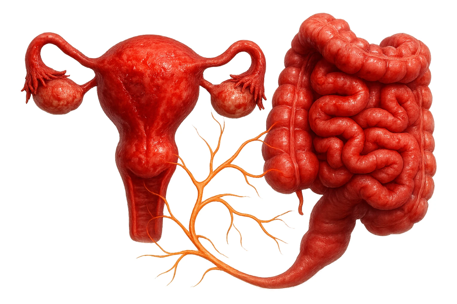 utero umano anatomico iperrealistico e intestino umano anatomico iperrealistico hanno in comune il dolore e l'infiammazione, rendi bene il collegamento tra i due organi doloranti, falla iperrealistica, non disegnata sticker