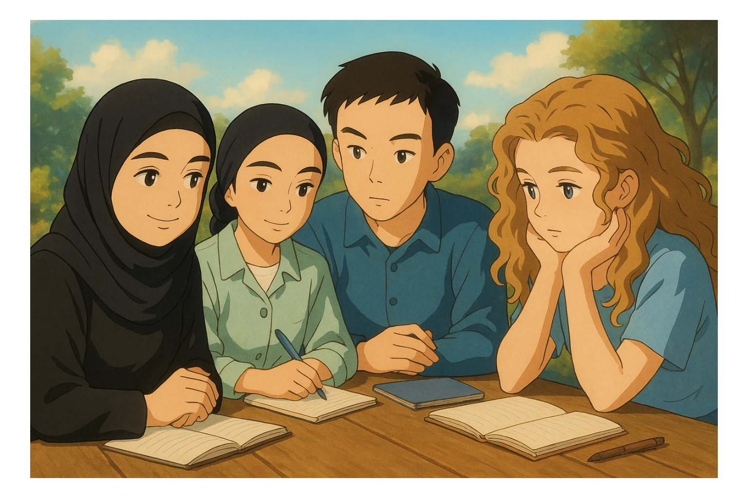 Scène de quatre étudiants inspirés des photos, discutant et réfléchissant ensemble, ambiance détendue, fond inspirant, style Ghibli, plusieurs carnets et stylos sur la table. sticker