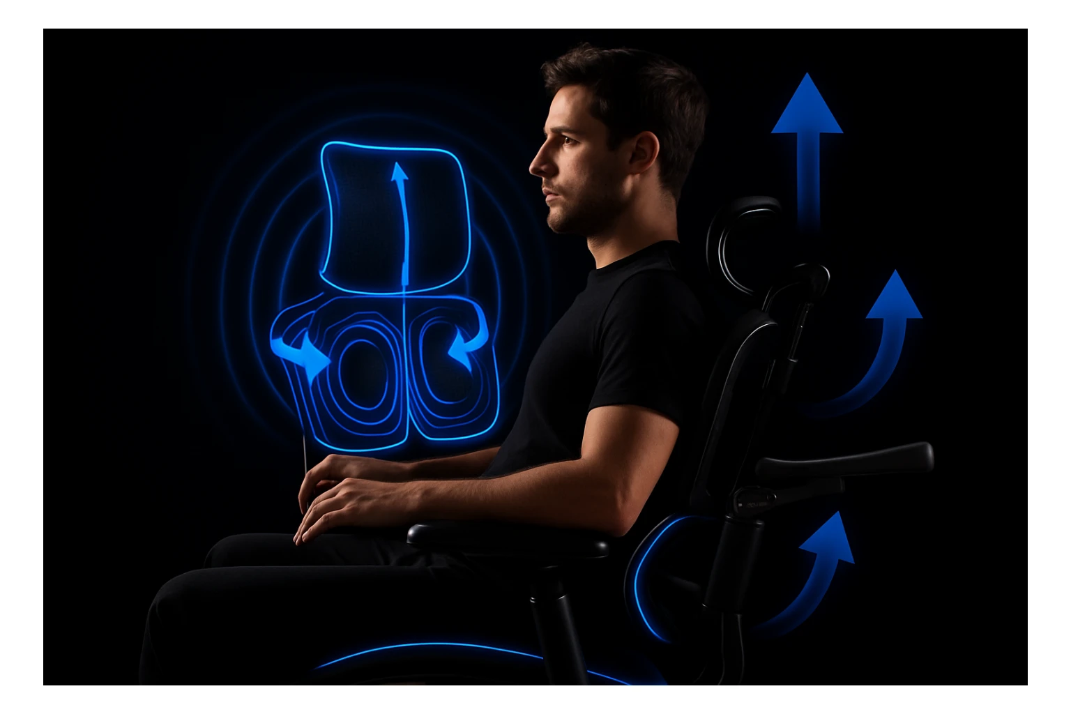 Youtube thumbnail of person using ergonomic chair, black solid background, neon light, closeup showing details of ergonomic chair  sticker