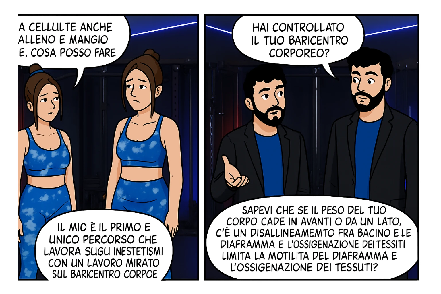 TRASFORMA QUESTO CAROSELLO IN UN FUMETTO CON QUESTE DUE PERSONE IDENTICHE CHE INTERLOQUISCONO TRA LORO:

LEI: Ho la cellulite anche se mi alleno e mangio bene, cosa posso fare?

LUI: Hai controllato il tuo baricentro corporeo?
Sapevi che se il peso del tuo corpo cade in avanti o da un lato, c’è un disallineamento fra bacino e torace, che comprimendo le coste, limita la motilità del diaframma e l’ossigenazione dei tessuti?
Il mio è il primo e unico percorso che lavora sugli inestetismi con un lavoro mirato sul baricentro corporeo. sticker