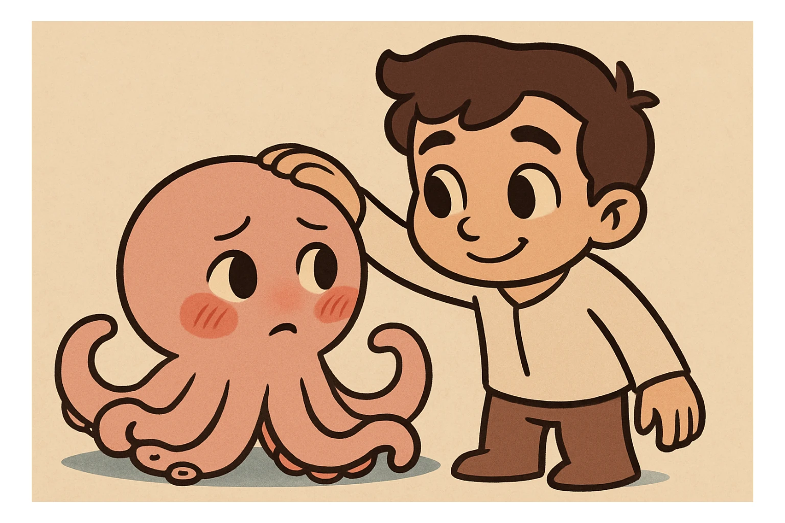 Change the octopus to have a shy expression with blushing cheeks and looking slightly away, while the human keeps a gentle smile. Cartoon style, keep the same pose. sticker