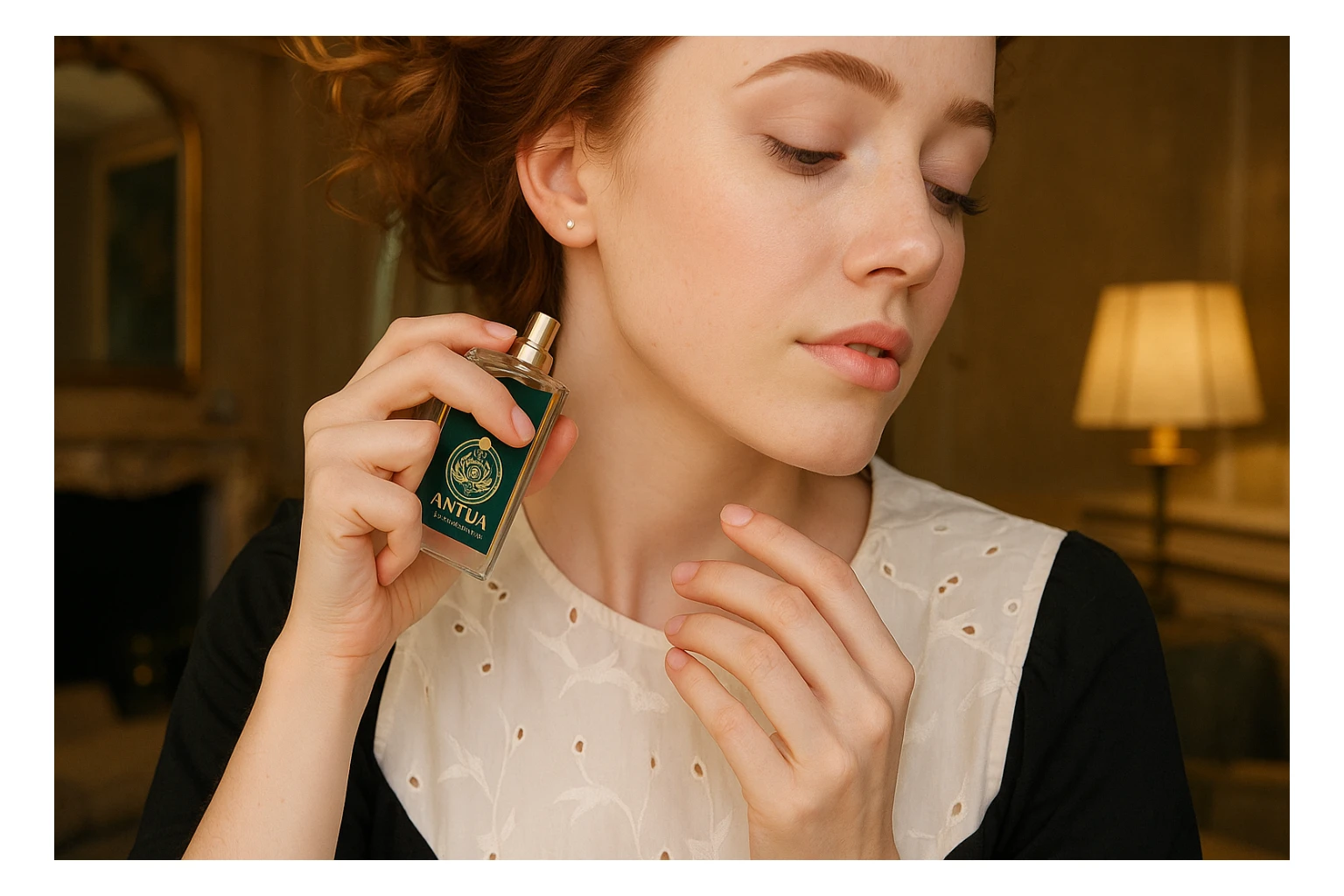 Maker her holding this bottle of perfume (from white background) Make image 16:9 aspect ratio sticker