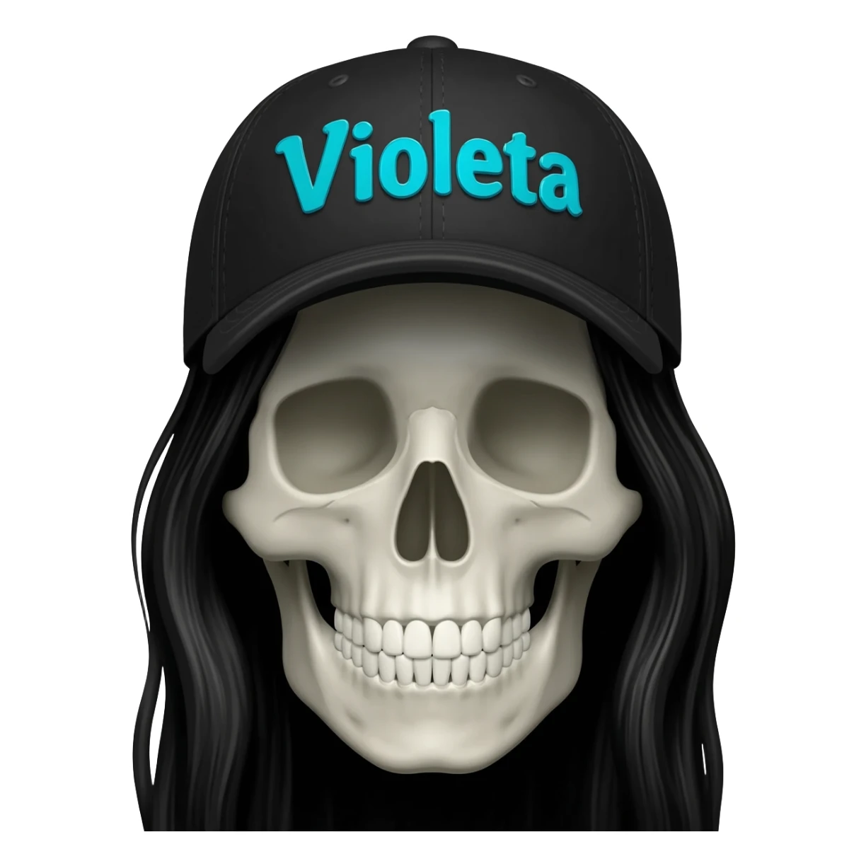 Create a skeleton head wearing a black baseball cap that says "Violeta" in teal blue lettering, with long black hair sticker