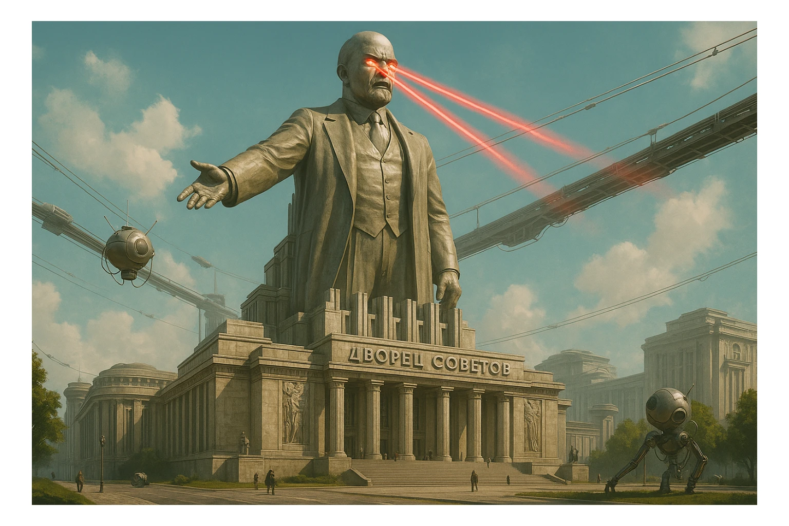 Дворец Советов реалистичный, как на фото. В стиле Atomic Heart, ретрокиберпанк. Упор на 100-метровую фигуру Ленина, у которой из глаз прожекторы лазерные. Светло, день sticker