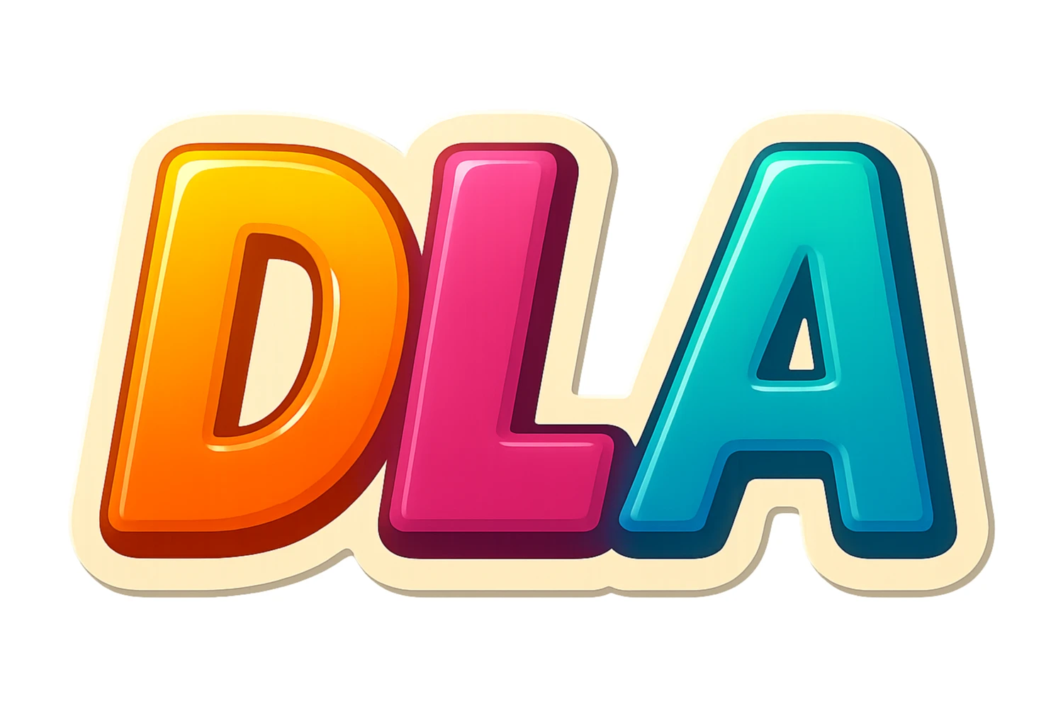 letters 'DLA' in retro sticker style, each letter a different bright color, thick white outline, drop shadow, classic sticker look sticker