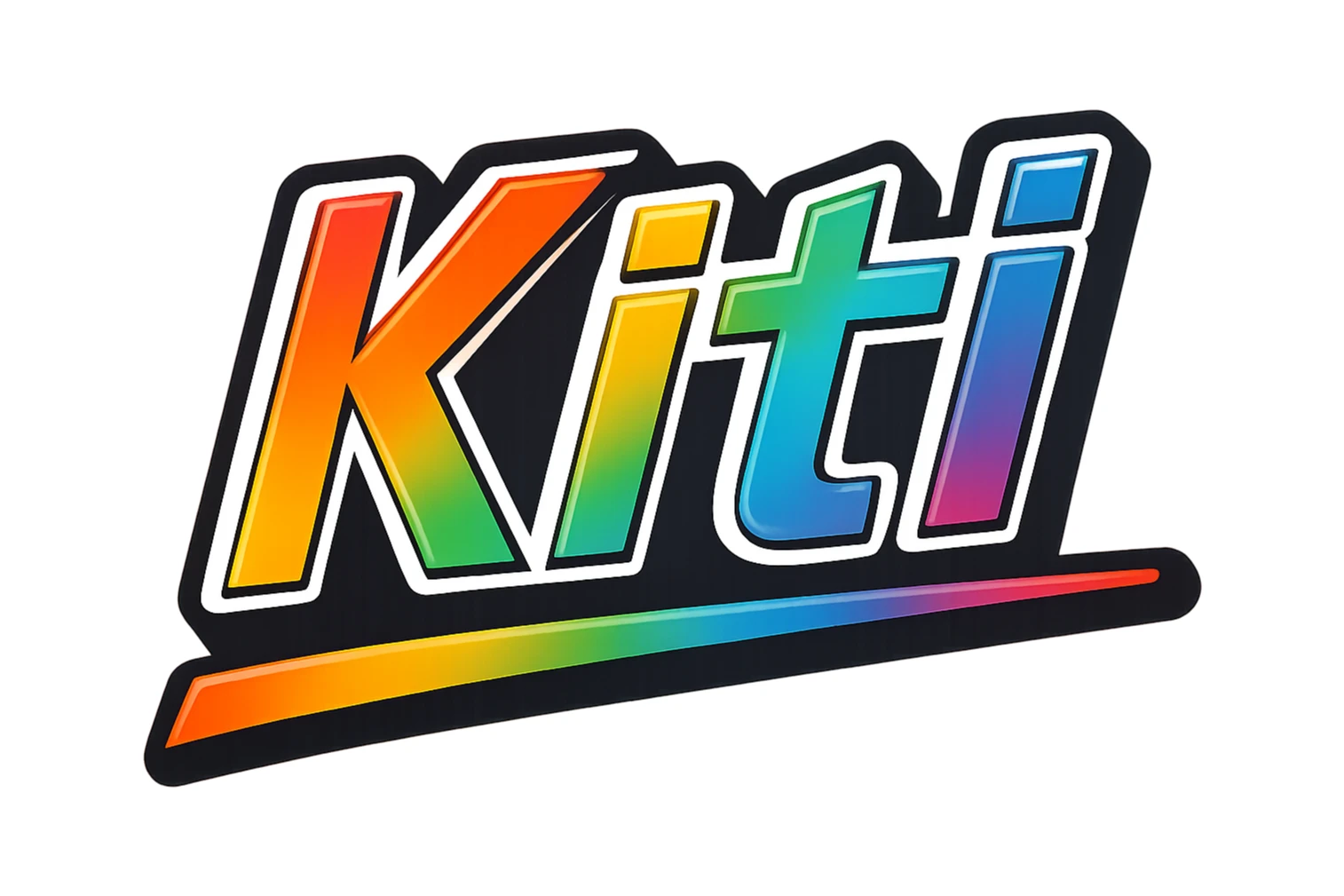 The name 'Kitti' in modern, precise Hungarian letters with a rainbow gradient fill, extra thick white letter outline, dark contour, transparent background, dynamic slanted underline, in the style of the reference samples. sticker