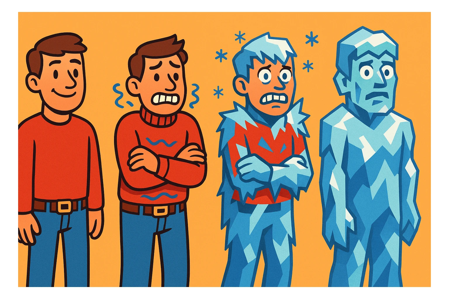 a man gradually freezing, showing stages from normal to covered in ice, expressive face, clear progression, vibrant toon style sticker