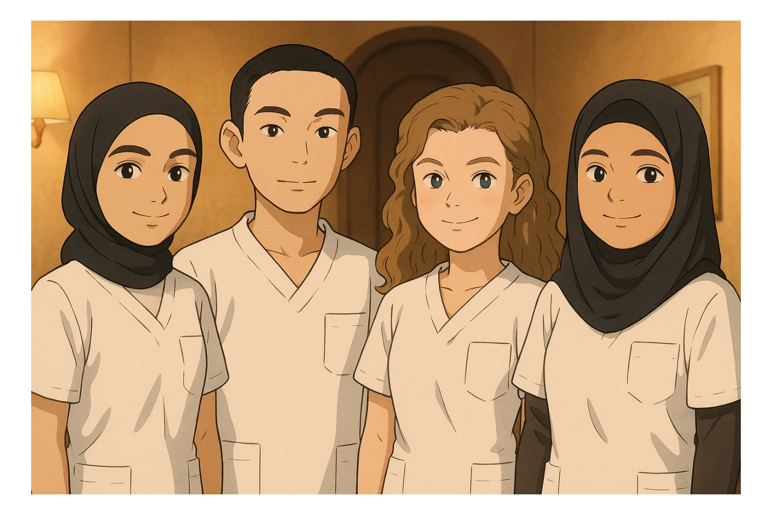 Four nursing students standing side by side in a warm indoor ambiance, styled in Ghibli. They wear white short-sleeved uniform tops resembling medical tunics with V-necks, no collar stand, no undershirts, and bare forearms. The tops have a left chest pocket and no stethoscopes. The scene conveys a warm, friendly atmosphere indoors. sticker