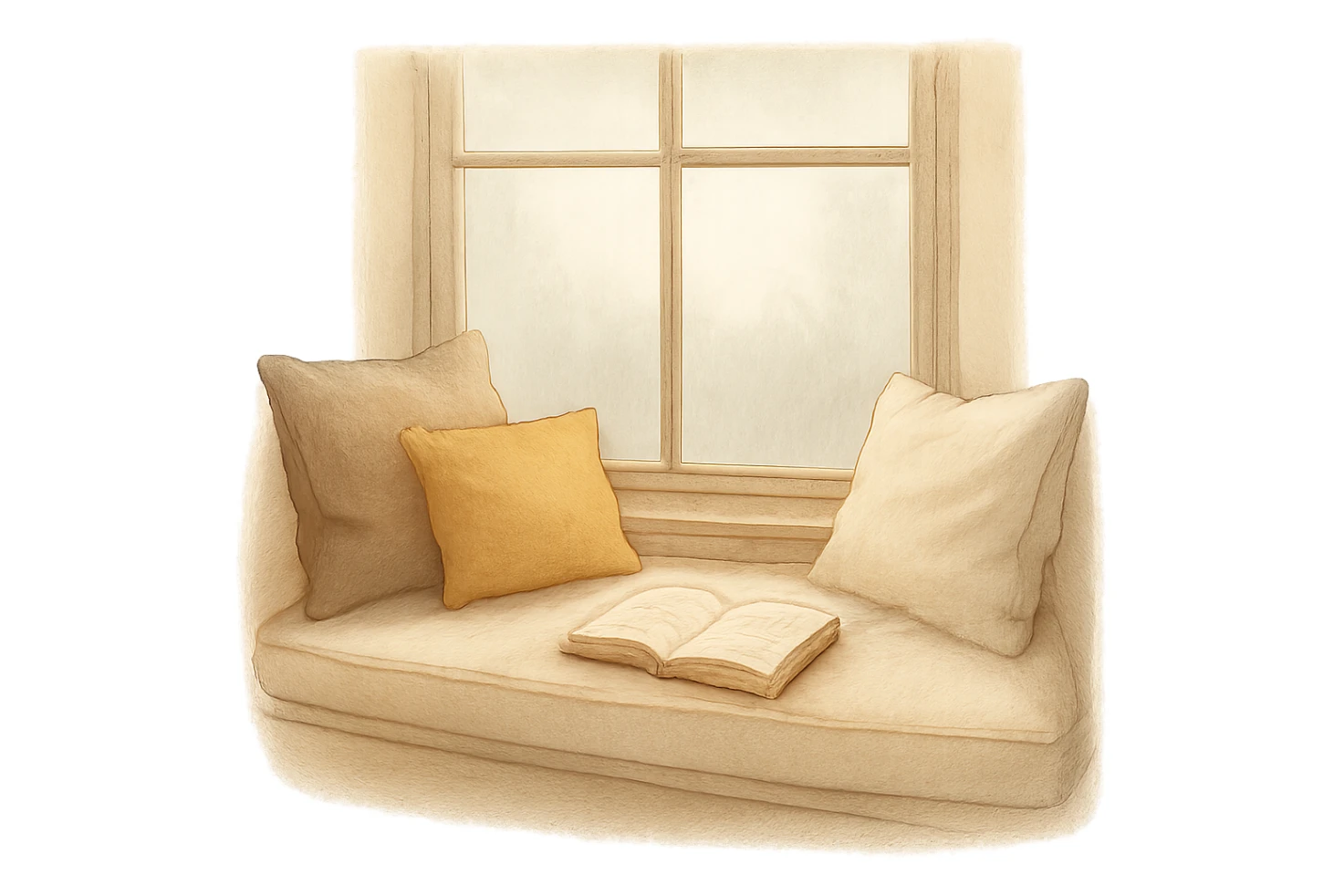 cozy window seat with cushions and a book, peaceful sticker