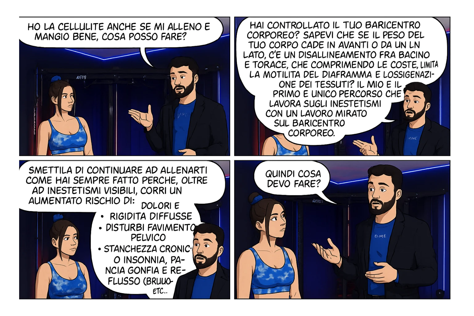 TRASFORMA QUESTO CAROSELLO IN UN FUMETTO CON QUESTE DUE PERSONE IDENTICHE CHE INTERLOQUISCONO TRA LORO:

Ho la cellulite anche se mi alleno e mangio bene, cosa posso fare?

Hai controllato il tuo baricentro corporeo?
Sapevi che se il peso del tuo corpo cade in avanti o da un lato, c’è un disallineamento fra bacino e torace, che comprimendo le coste, limita la motilità del diaframma e l’ossigenazione dei tessuti?
Il mio è il primo e unico percorso che lavora sugli inestetismi con un lavoro mirato sul baricentro corporeo.

Smettila di continuare ad allenarti come hai sempre fatto perché, oltre ad inestetismi visibili, corri un aumentato rischio di:
    • dolori e rigidità diffuse
    • disturbi pavimento pelvico
    • stanchezza cronica o insonnia
    • pancia gonfia e reflusso (bruciore)
    • etc…


Quindi cosa devo fare?
Commenta, qua sotto, con “simmetria” e ti mando un esempio del lavoro da fare. Lo stesso sistema con cui ho aiutato migliaia di persone, fra cui centinaia di donne a risolvere definitivamente gli inestetismi.
Metterei il prima e dopo

Se vuoi che ti aiuti personalmente
SCRIVIMI IN DIRECT sticker