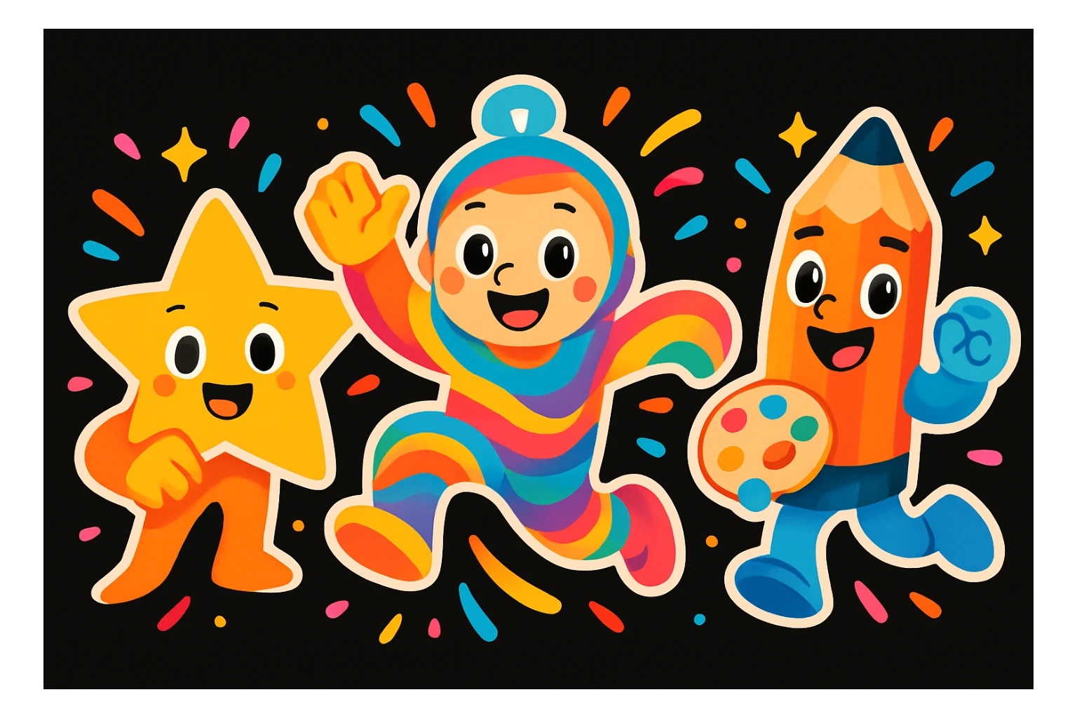 Unify the visual effects across all three mascots: use the same style of colorful motion lines, sparkles, and dynamic accents around each character, matching the playful, energetic, and imaginative vibe for a black website background. Enhance the playful, energetic, and imaginative vibe with consistent colorful motion lines, sparkles, and dynamic accents. sticker
