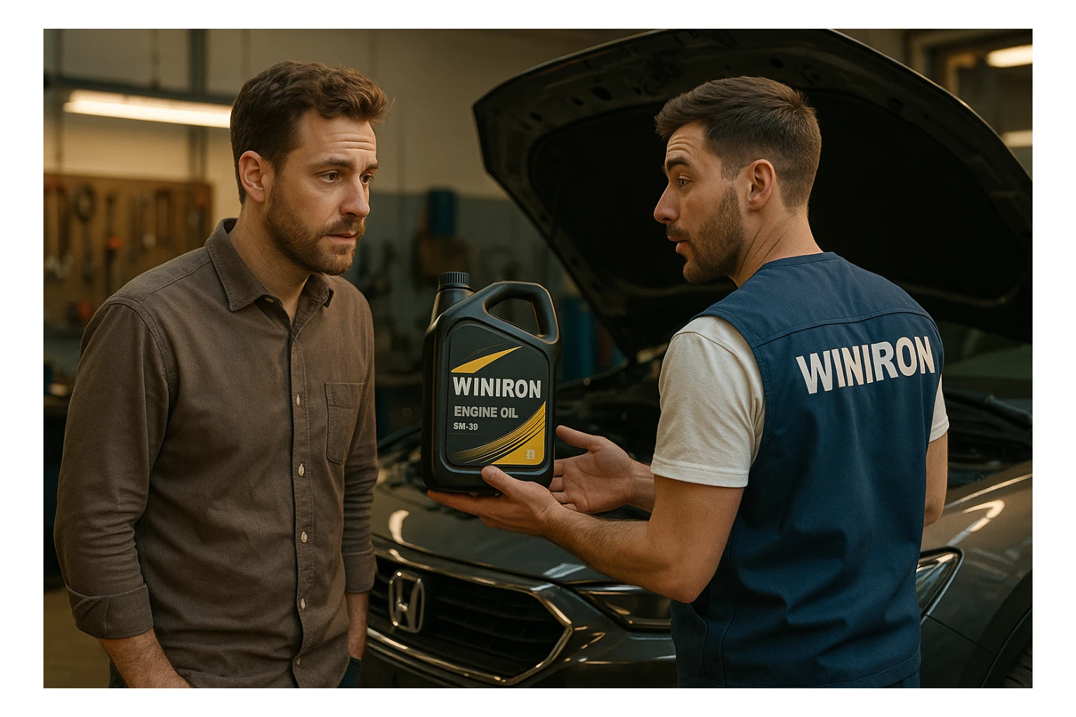 Create a realistic automotive workshop scene. Two men are standing next to a car with its hood open. One man is a customer listening attentively. The other man is a Winiron employee wearing a white T-shirt and a blue vest with a “WINIRON” logo on the back. The Winiron employee is holding and recommending a Winiron engine oil canister. Background shows a workshop interior with tools, soft warm lighting, realistic reflections on the car body. Cinematic, detailed, 8K hyper-realistic, professional commercial photography style. sticker