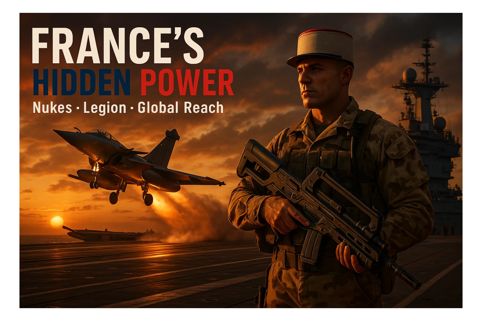 dramatic dusk scene of Rafale jet launching from Charles de Gaulle aircraft carrier with an orange sunset glow, foreground featuring a Foreign Legionnaire in desert camouflage holding a futuristic rifle, bold tricolor text 'FRANCE’S HIDDEN POWER', subtext 'Nukes • Legion • Global Reach', epic cinematic composition, ultra high detail, 8K sticker