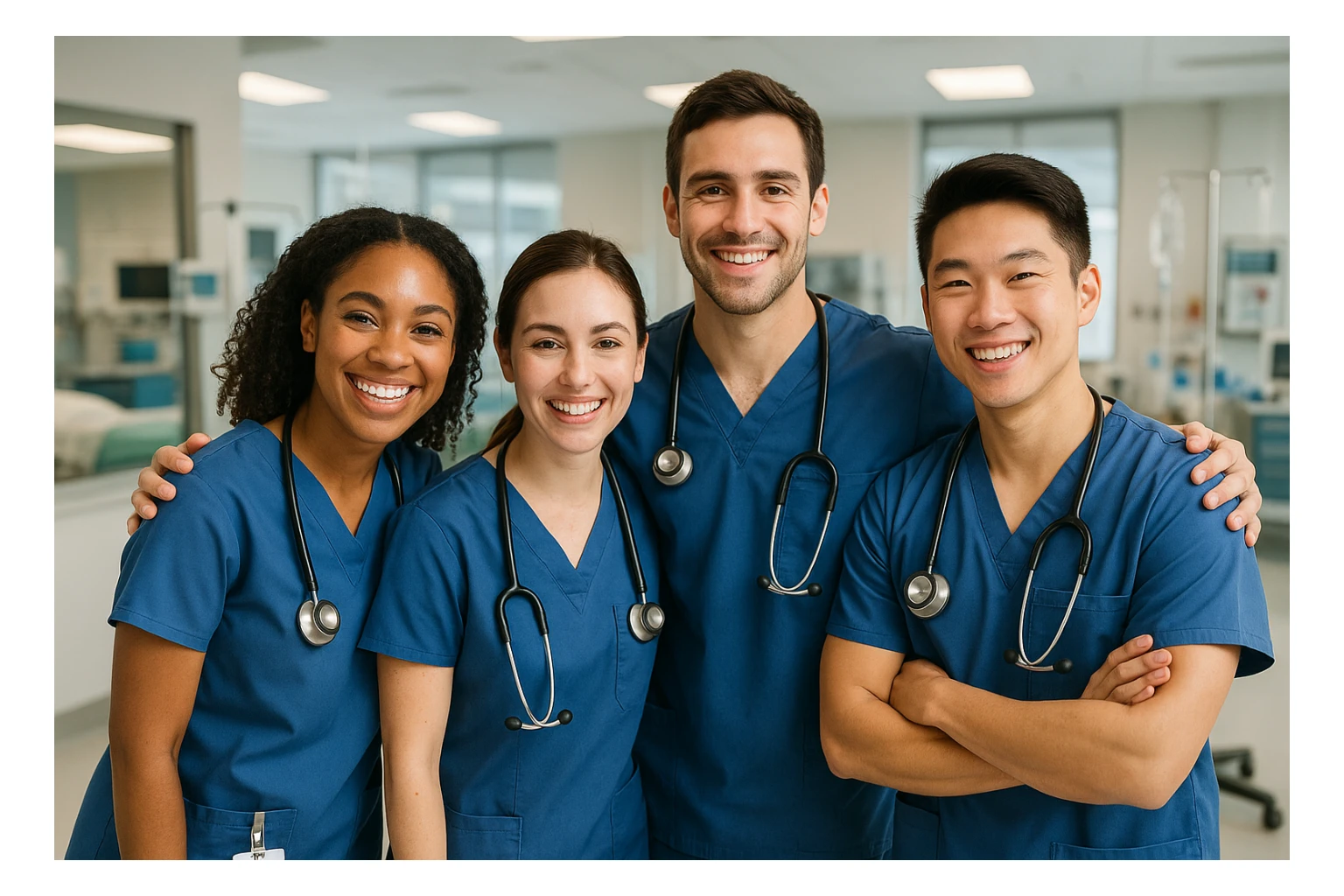 four nursing students, teamwork, diverse, scrubs, friendly, hospital setting, modern, clear, positive atmosphere sticker