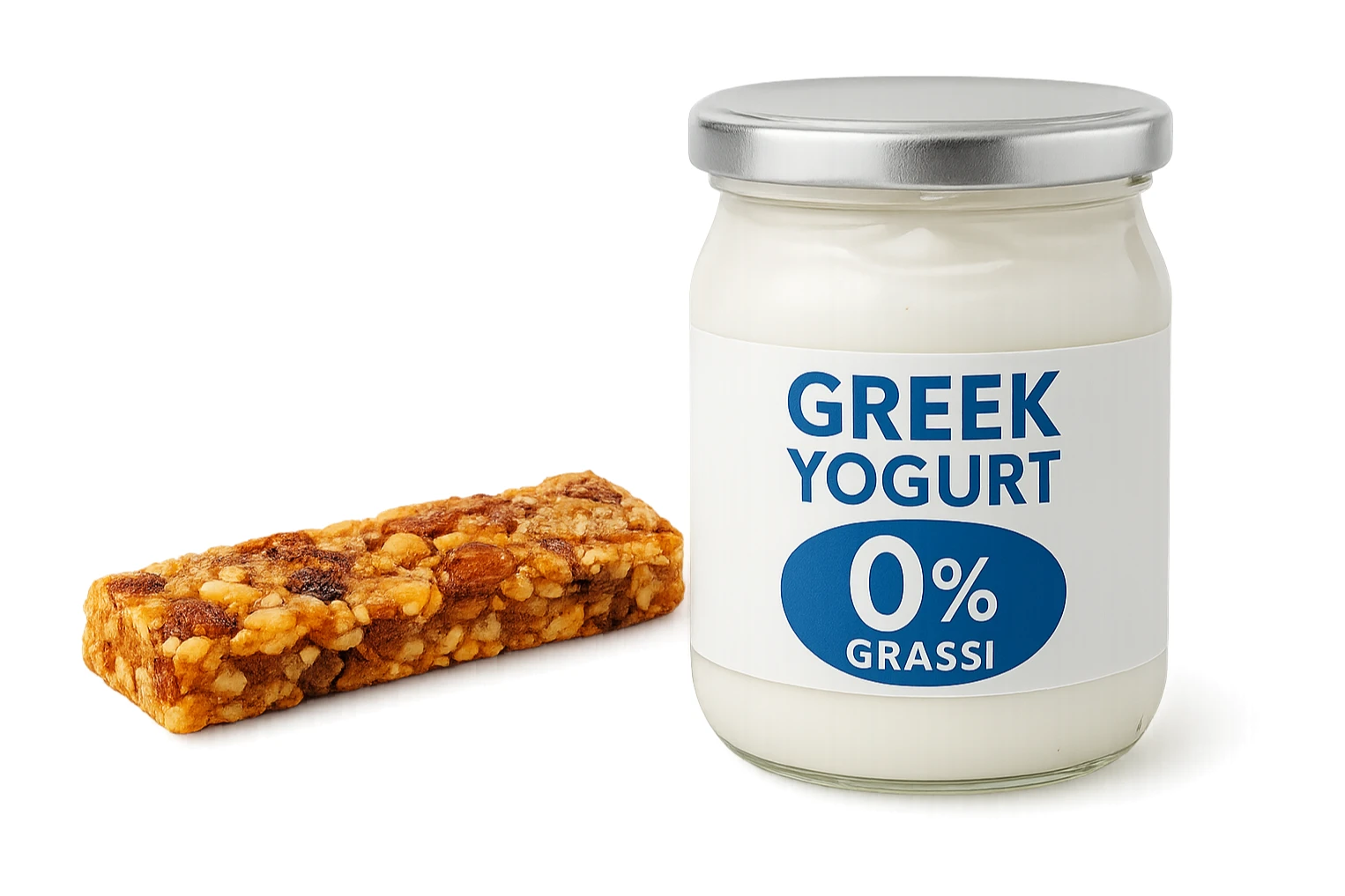 BARRETTA ENERGETICA E BARATTOLO DI YOGURT GRECO CON  LA SCRITTA "0% grassi" SULL'ETICHETTA  , ISOLATA SU SFONDO BIANCO sticker