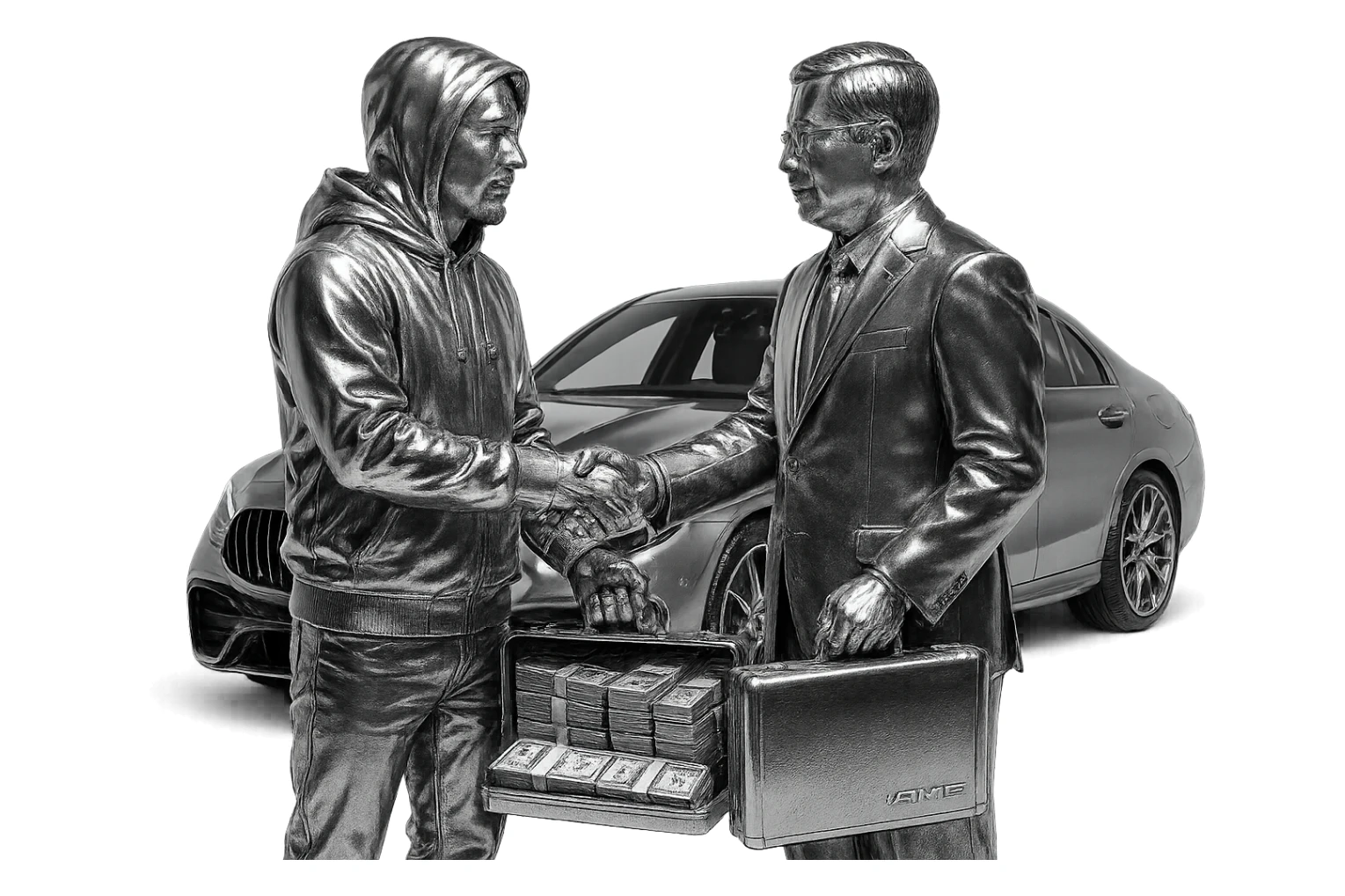 A white man with a goatee wearing a chrome hoodie, shaking hands with a Chinese man, while handing him a briefcase of money. An AMG car is in the background. sticker