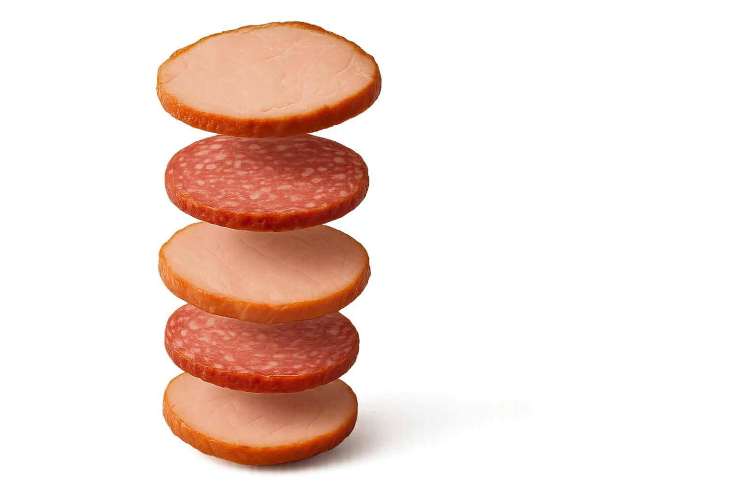 fettine di prosciutto cotto e di salame fluttuano in aria verticalmente, IPERREALISTICA 4K sticker