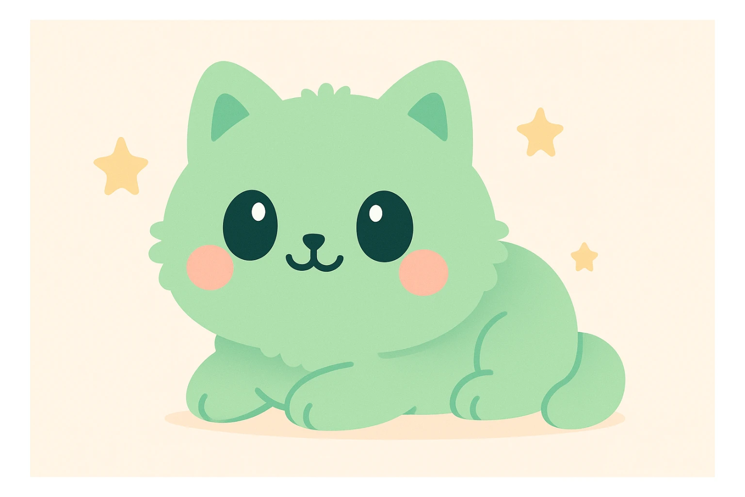 green fuzzy cute cat, lying down, smiling, oversized head, chubby cheeks, cartoon style sticker