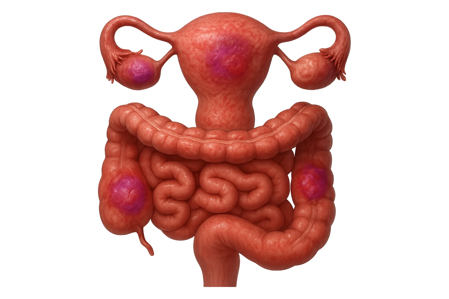 utero umano anatomico iperrealistico e intestino umano anatomico iperrealistico hanno in comune il dolore e l'infiammazione, rendi bene il collegamento tra i due organi doloranti, falla iperrealistica, non disegnata, fai colori che si adattano a questo viola #971ef1 sticker